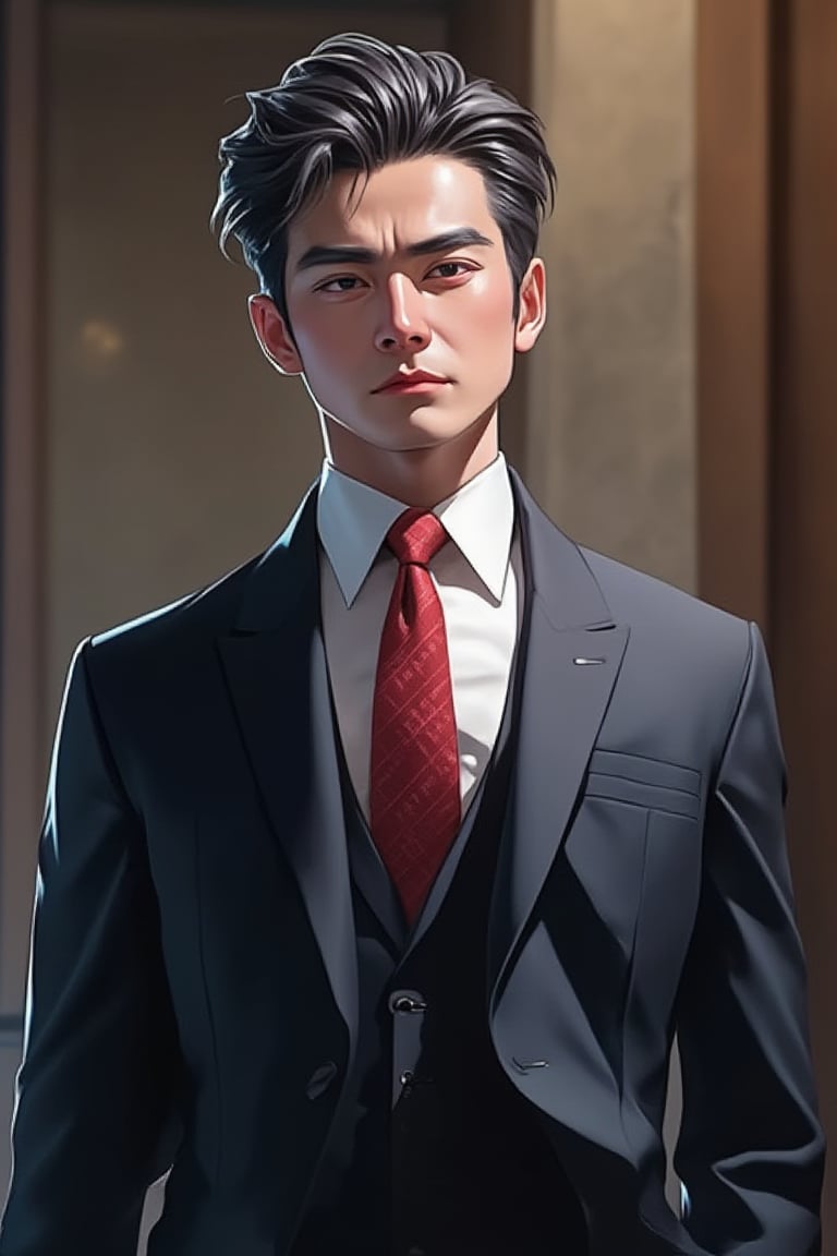 Korean cartoon style: handsome group president, tall (better looking than the best handsome male star), with sharp eyebrows, starry eyes, and arm-packing abs. He is wearing a handmade suit.
Coming out of the conference room after a morning meeting. The subordinates who were having a meeting with the chairman's male aide follow.
A completely conquering atmosphere. His stern face not only has a masculine aspect, but also a star face.
Official art is created with power.