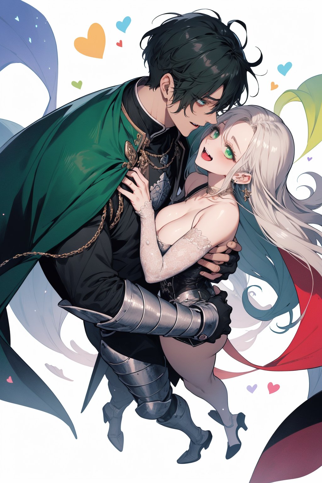 (Masterpiece, best quality, high resolution: 1.1), super-res image, male, female, couple, fantasy, official art, illustration, dynamic angle, knight, rainbow, manga, painting, mutual gaze, full body. The female has large green eyes with long, thick eyelashes. The male has large blue eyes with long and dense eyelashes. This is a story about a couple who are in love and are so sweet that they love each other to the point of being filled with anger. Every scene is full of joy and laughter.