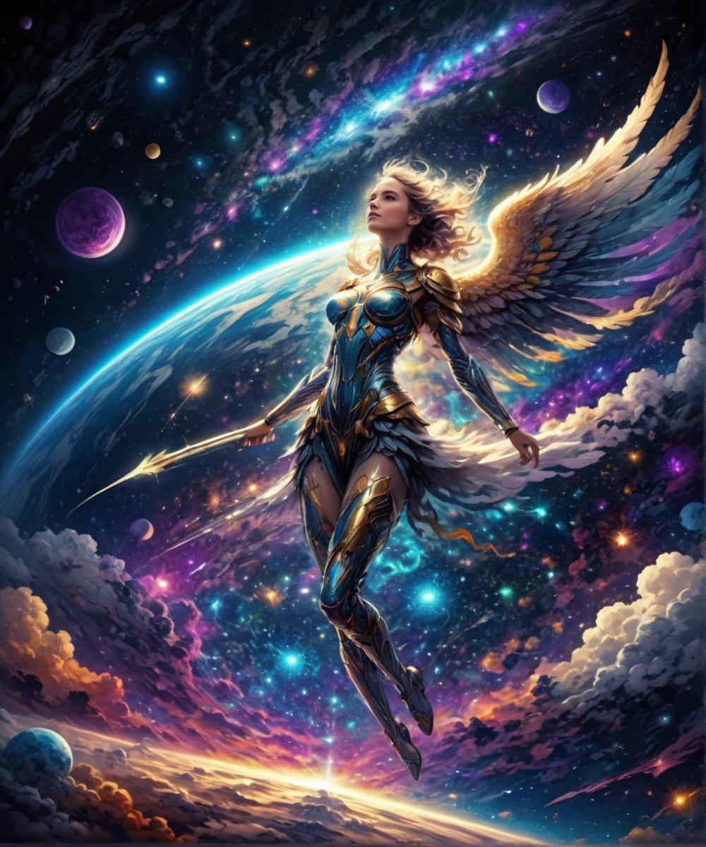 Another vibrant cosmic galaxy, dark color palette, high resolution and contrast and color contrast, complex textures and extremely subtle details, a beautiful female angel with full body glow floating in the universe, side light, super quality , exquisite works of art