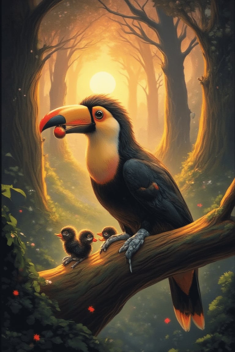 Frank Frazetta style, in a big forest with many large trees, a toucan feeding its two baby chicks with chewed fruits, illuminated by the sunrise's halo. The healthy, shiny-feathered mother bird shows great love, as the two little birds nuzzle and act coquettishly. Cherry blossoms fill the sky, creating a beautiful scene. Influenced by Alphonse Mucha, Boris Vallejo, Anne Boonchuy, art_booster, BlackworkStyleManityro, WOWAI, Expressiveh, Apoloniasxmasbox.