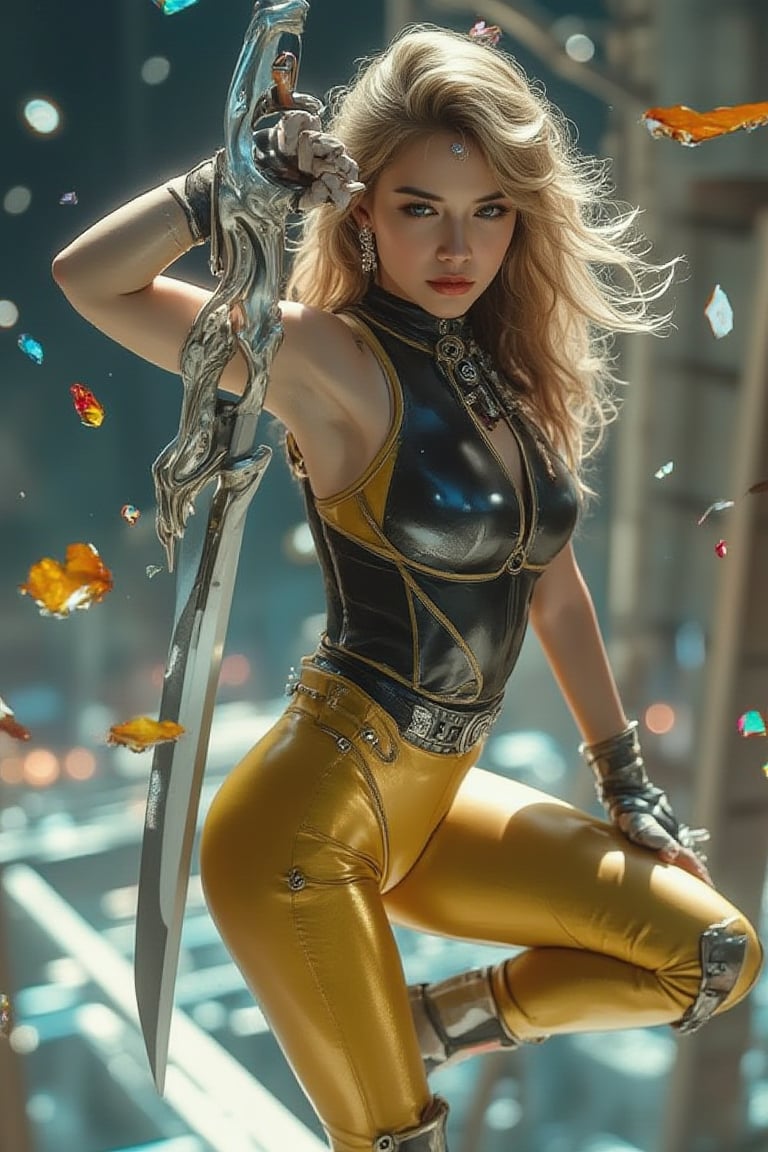 The ultra-energetic and fast-paced photo shows a stunning European woman posing in intense action. She kicked one foot to the side and stabilized her body with the other foot. She held a large sword with a fashionable design in her hand. The hilt was black and gold, and the sword body was shining with silver. Her long and elegant golden silk-like curls The wavy hair is dramatically swept back, giving the impression of movement and intensity. She wore a futuristic sleeveless bodysuit with black and silver accents, a high collar and a circular emblem on the chest. The outfit includes fitted shiny yellow pants with silver side panels, and knee-high silver platform boots with yellow soles. She wore white gloves with black and gold detailing and lipstick. The background is an area that resembles a mechanical enclosed space facility, with floating colored glass shards and colored crystal-like structures scattered throughout, enhancing the sense of movement and energy. The words "Joanna" and "Tensor" are clearly visible in white letters on the top of her outfit. The lighting is bright and even, with high contrast and vibrant saturation highlighting the subject's features and clothing details. The overall composition is centered and balanced, and professional-grade movie lighting emphasizes the futuristic and dynamic nature of the scene. Rococo art.