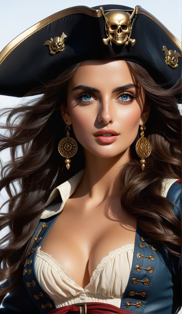 Close-up, young girl, gray-blue eyes, long thick eyelashes, she looks like an 18-year-old Penelope Cruz, wearing pirate clothes from The Legend of the Devil, long legs, standing, dancing, Very dynamic rhythm. Wearing your own clothes is amazing. Modifiers: Alphonse Mucha, boris valejo dedecent illustration, Anne Boonchuy, art_booster, BlackworkStyleManityro, WOWAI, Expressiveh, Apoloniasxmasbox