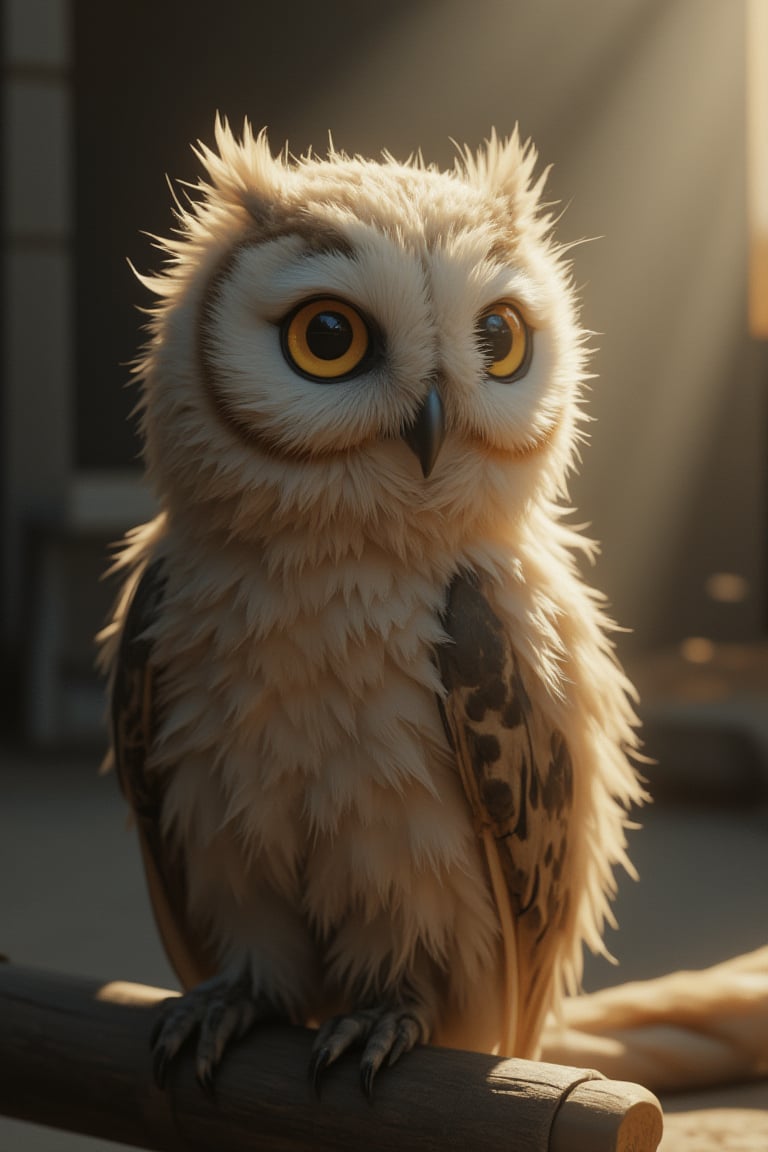 A photorealistic, cinematic style, high-fidelity image of a small zhibi owl, showcasing the Midjourney style. The owl's features are detailed with realism, using chiaroscuro to create a play of shadow and light, accentuated by rays of light. The humorous aspect of the scene adds a playful touch to the otherwise realistic depiction of the owl.