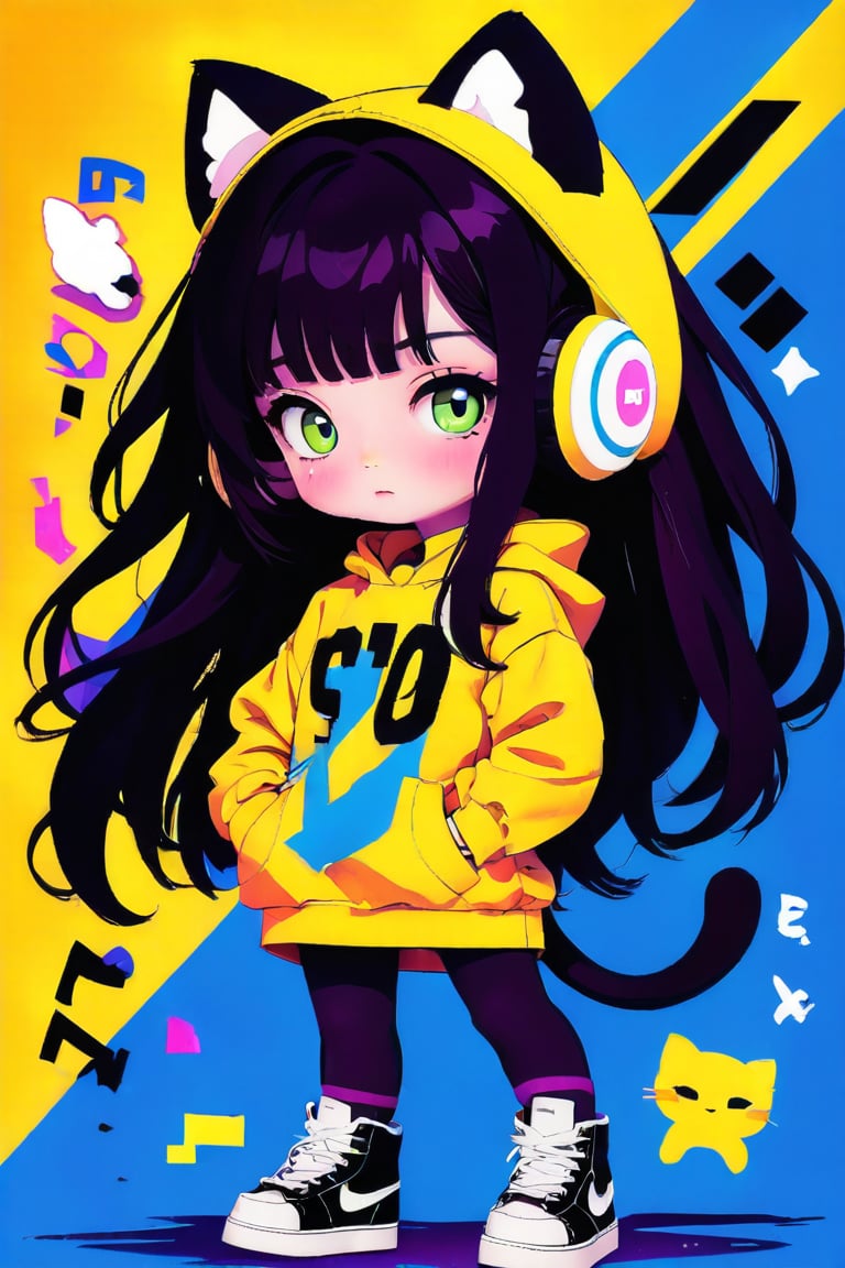 Taiwanese vtuber, 1girl, beautiful anime character, beautiful green eyes, air bangs, lollipop punk fashion, cute cartoon ello kitty shaped hoodie, cat earmuffs, pastel color clothes based on yellow and black , soft mood fashion, anime print shirt, gothic style tights, long combat boots, score_8, score_7_up, dal-7 style, blue mood, mood, modern art style, vspop, 2.5D three-dimensional style, illustration, ek_an1_b00ster