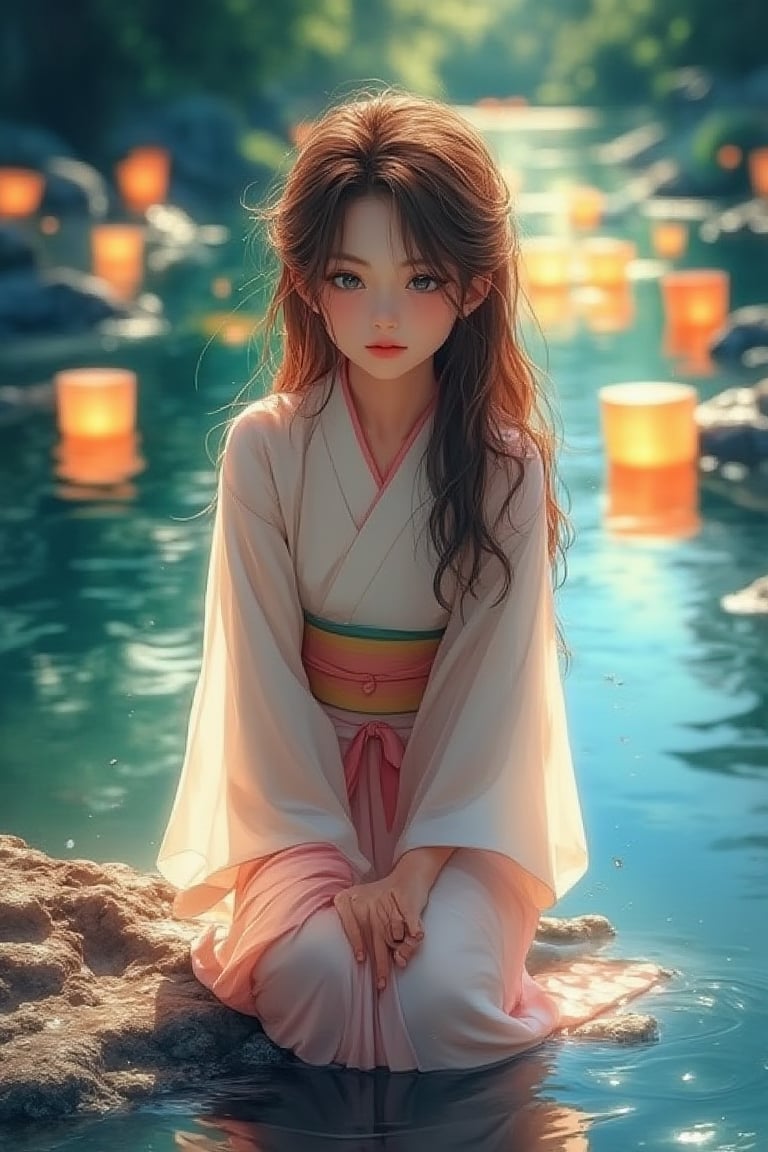 Medium shot of a young girl in a traditional kimono, kneeling on the bank of a peaceful river. Her large, bright blue eyes and silky brown hair catch soft sunlight, illuminating her pensive face as she gently releases Toro water. Centered composition with the river and vibrant lanterns radiating outward. Watercolor strokes in soft blue and green tones create a peaceful atmosphere. Warm lights and floating lanterns add a soft glow to the tranquil scene.