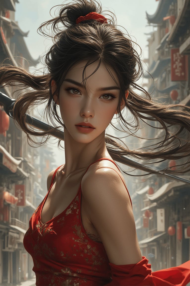 Close-up portrait of the fighting and beautiful "Chunxiang", 128, wearing the "Chunxiang Dress" in the fast fighting whirlwind, holding a sword, with a vibrant city street in the background. The image features intricate detail, capturing her confident expression and dynamic pose. The style is a fusion of Ivan Talavera and Artgerm, with Artgerm's signature hyper-detailed aesthetic. The lighting is very dramatic, highlighting her features and the texture of her clothes. The composition is centered, focusing on Chun-Li's powerful presence.