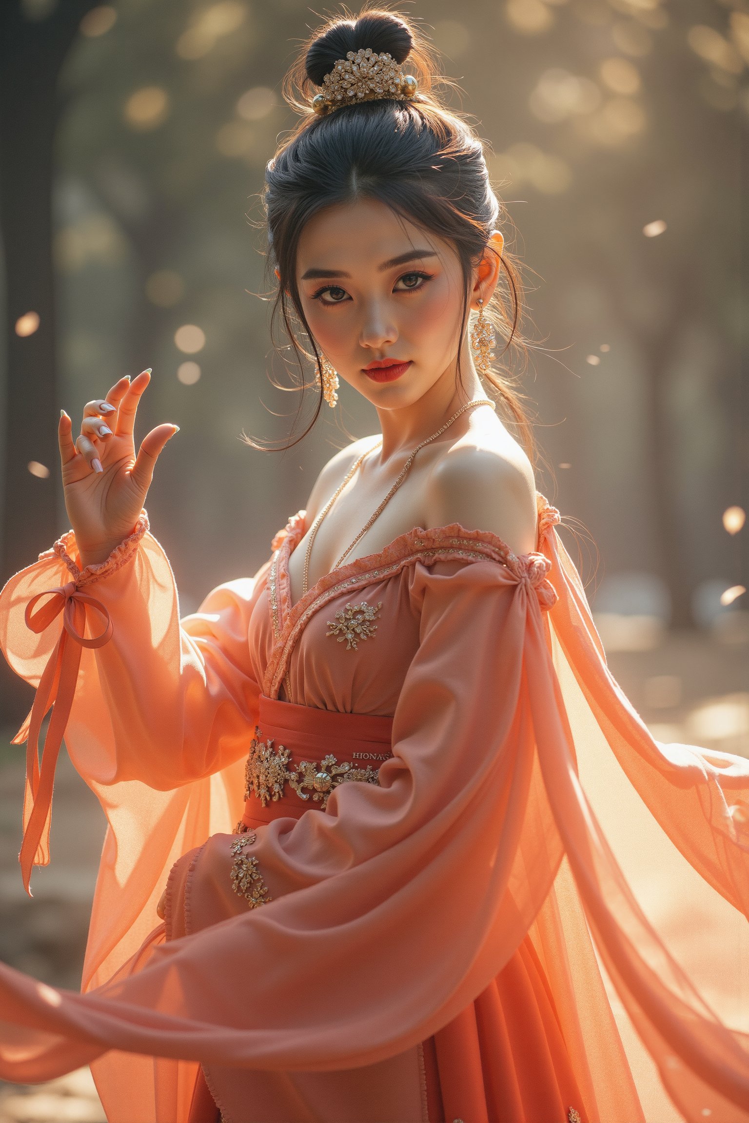 1girl, imagine an ancient Chinese goddess: the goddess Nuwa, wearing a gorgeous and beautiful Han Dynasty dress, and there is a fairy ribbon on her hand. The Hanfu all over her body floats naturally like a magic spell with fairy energy. The clothes she wore were not earthly clothes. They were made of heavenly materials and could not be found on earth. She used magic to make herself levitate in the air. She is very beautiful, even more beautiful than the angels in the West. She is an ancient Chinese goddess. Her face is very beautiful, and even the current Korean supermodels cannot compare to her. The clothes are decorated with intricate Chinese Hunan embroidery, floating gracefully in the air. She looks directly at the viewer with a beautiful smile that makes those who see her feel happy about her. Her clothes exude divine grace and power, and the rich colors and luxurious fabrics symbolize her divine status. As she travels through the void of space, the goddess embodies the timeless beauty and wisdom of the natural world, inspiring awe and reverence in all who see her. Super masterpiece.