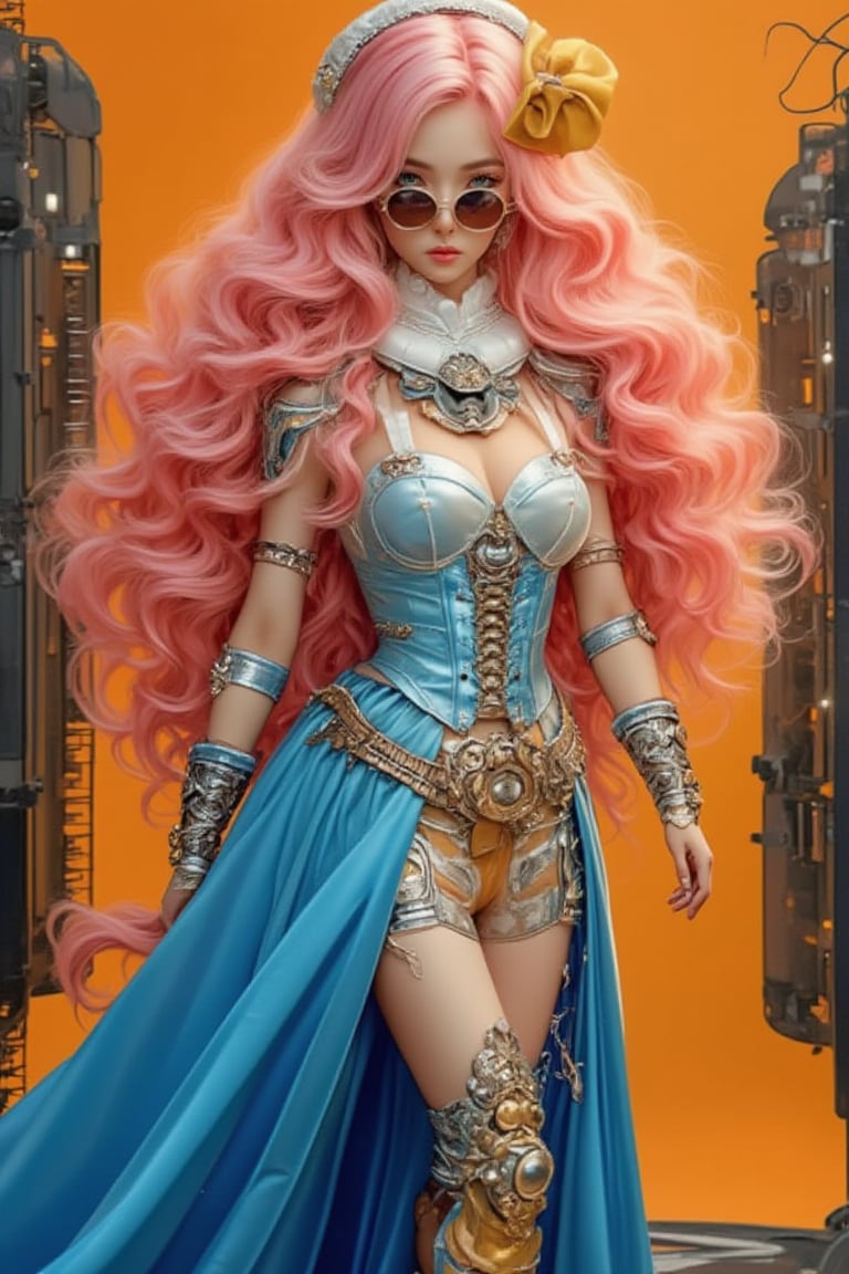 The beautiful acrylic model depicts a very beautiful woman with long wavy pink hair, dressed as a romantic queen of love, blending the elegance of an empress with steampunk and cybernetic elements. She wears a striking blue dress with a white corset to highlight her waistline and a bright blue skirt for a playful touch. The costume features steampunk accessories - gears, goggles, and metallic details - combined with cybernetic enhancements for a futuristic edge. The background uses an orange gradient color and textures of black and light yellow complementary colors to create a vibrant and dynamic atmosphere, highlighting her domineering power.