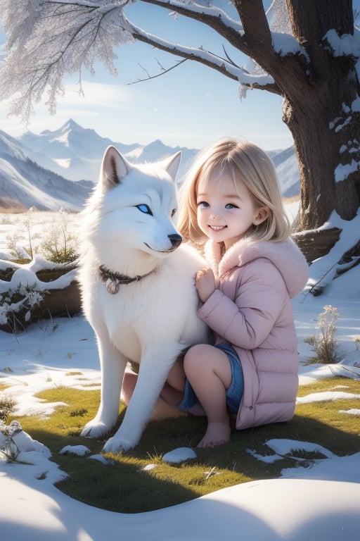 A little girl with blond hair and very fair skin. She is only 4 years old, but she grew up with a snow wolf with white fur and blue eyes. The snow wolf loves the little girl very much. He can put her to sleep and carry her on the grassland. The little girl always smiles happily. The little girl is extremely beautiful, with blue eyes, very lively, and long and thick eyelashes. To make her even more beautiful, she would often roll around on the grass with the snow wolf. The little girl wears all kinds of cute clothes. Outdoors, sunshine, mountains, trees, flowers, birds, butterflies. light and shadow. 