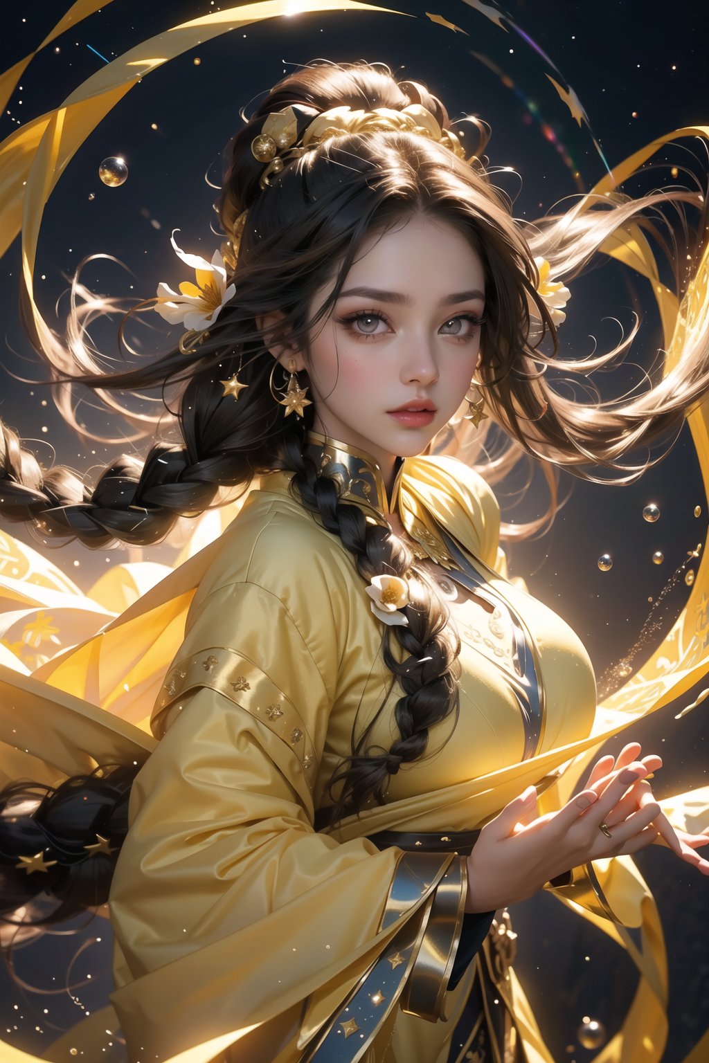 Close-up, 8K surreal fantasy world, a girl who is more beautiful than a Korean supermodel. She is wearing a beautiful alien costume, surrounded by various colorful bubbles, golden light, and braids flying. She is spinning in the air, with her left hand The light wave of the laser flower is emitted, and the light wave of the fire flower is in her right hand. Her beautiful long waves are flying with the whirl, and her clothes are also flying elegantly. The background is a starry black hole, light and shadow, fantasy and aesthetic art, shocking!