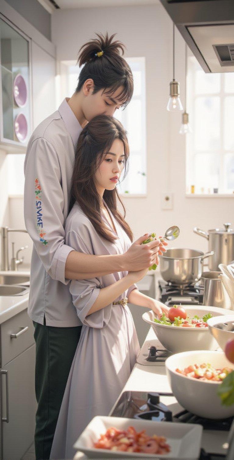 Close-up of a digital painting depicting a man in a black shirt and a beautiful woman in a purple jumpsuit standing in a kitchen. The man was wearing a black button-up shirt and dark green pants, with NIKE embroidery on the left side of the shirt. The woman wears a long-sleeved purple robe and holds a spoon in her right hand, while the man holds an apple in his left hand. The woman's arms rest in front of a silver pot on the stove. The stove is against a white countertop, with bowls of vegetables placed on it. There is a sink with a silver faucet to the left of the stove, and a white cabinet with silver handles. Above the counter, three purple plates hang from the ceiling. Realism. light and shadow. The lighting is soft. masterpiece