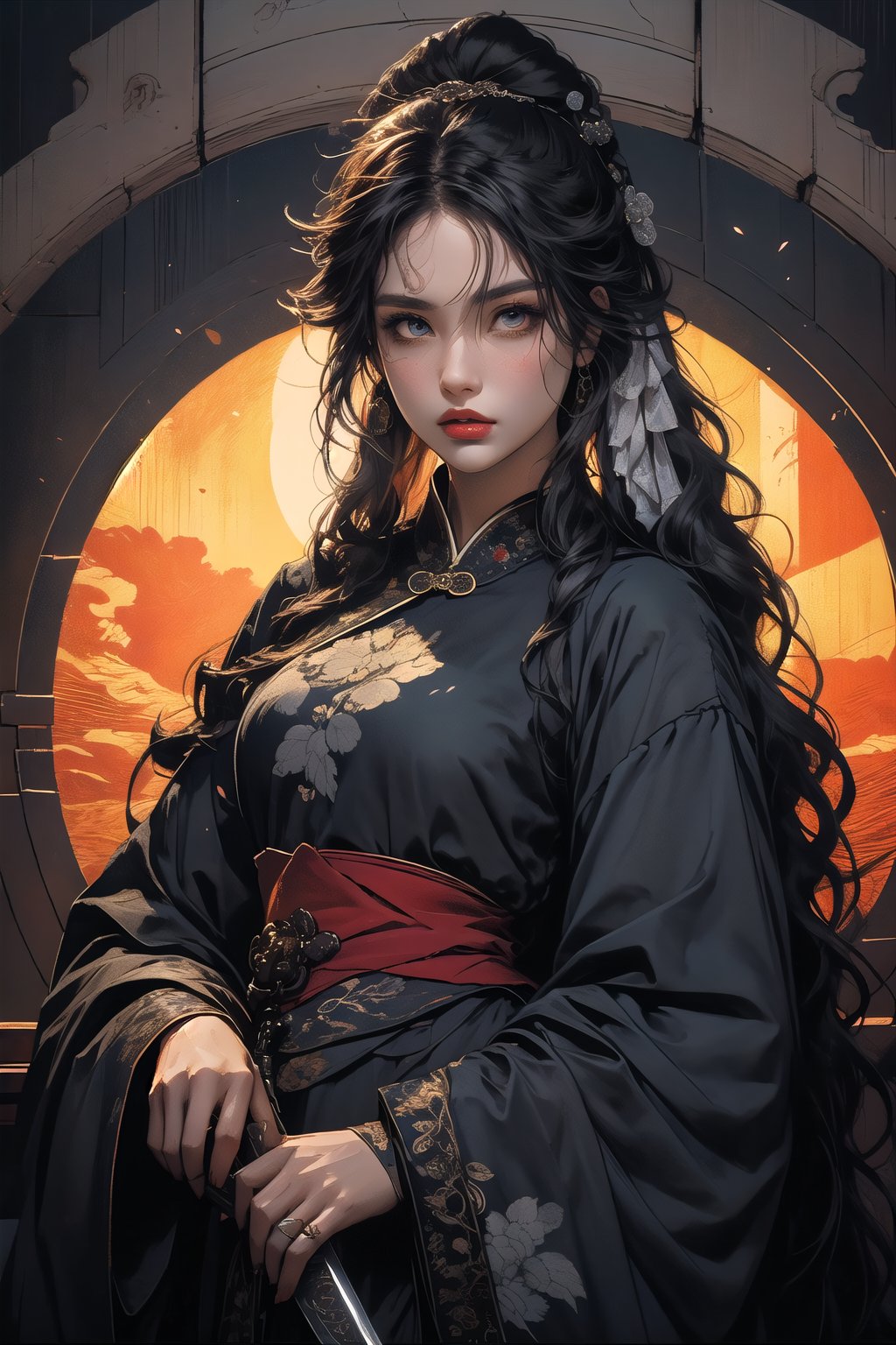 (super perfect quality masterpiece and detailed details), beautiful black plot, complex, extremely high clear resolution, complex lines, (exquisite drawing), 1girl photo of beautiful ancient Chinese girl wearing black clothes holding a sword Long wavy silver hair, hair shining in the moonlight, long sword, weapon, black mask, duet, underwear, big blue eyes, long and thick eyelashes, Han Dynasty general style clothing, print, medium breasts, looking straight The audience's eyes showed a fierce and intense emotion. The audience felt the atmosphere strongly. Ponytails, hair accessories, flowers, and blood splashed into several fox lines, perfect killing skills, the enemy fell, and the throat was sealed with a knife, super delicate and clear, perfect illustration,
BREAK Beautiful lighting, beautiful glow, Vadim Kass’ artistic style plus Jae Hyun Art. light and shadow.whole body.