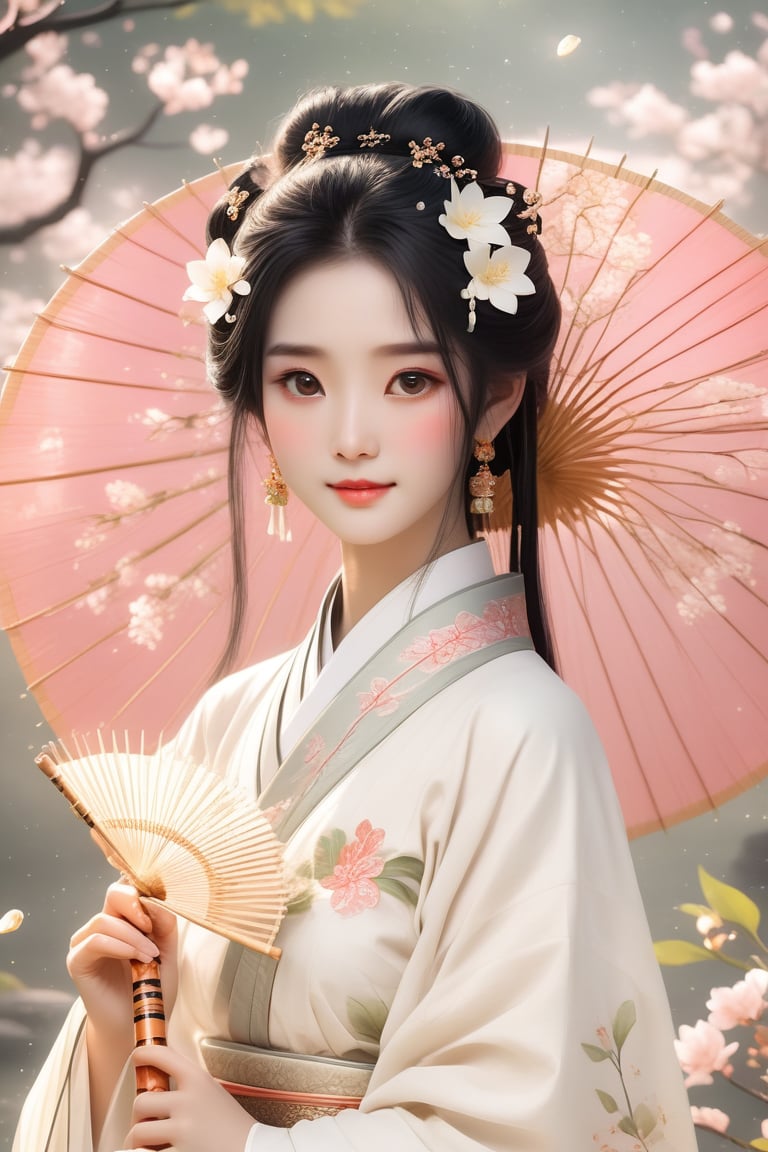 Close-up of a stunningly beautiful girl, Chinese Han Dynasty girl, with big eyes and long eyelashes that make her eyes more lively and beautiful, wearing Han Dynasty clothes and hairstyle, with stunning black hair and long Thick eyelashes, holding a delicate bouquet of jasmine flowers on her fingers. When she looked directly at the audience, she smiled. Her whole body exuded an otherworldly light, and every contour and object on her body seemed to be illuminated by light and sparkle. She couldn't help but play the musical instrument ((flute)) on the spot, which was very elegant and soft. After dancing, she took the paper umbrella and prepared to go back. In the quiet atmosphere of the summer night, the trees were tall, the river flowed quietly, and nocturnal creatures used it. Serenading them with gentle chirps and croaks, our protagonist is like a beacon of loveliness. In Vadimka's new style, every detail has been carefully crafted to create a realistic style that exudes elegance and wonder. (Masterpiece 1.2, 8K) Depth of field.,source_furry,score_5_up,score_6_up,score_7_up,score_8_up,score_9,han fu