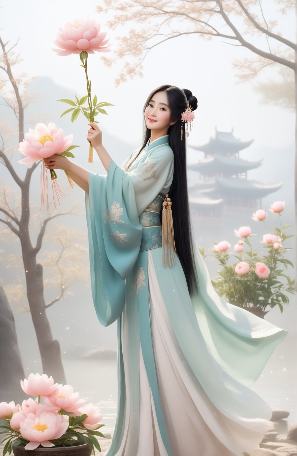 Close-up of a stunningly beautiful girl, Chinese Han Dynasty girl, with big eyes and long eyelashes that make her eyes more lively and beautiful, wearing Han Dynasty clothes and hairstyle, with stunning black hair and long She has thick eyelashes and holds a delicate bouquet of peonies on her fingers. When she looked directly at the audience, she smiled. Her whole body exuded an otherworldly light, and every contour and object on her body seemed to be illuminated by light and sparkle. In the peaceful atmosphere of a summer night, where trees stand tall, rivers flow quietly, and nocturnal creatures serenade them with their gentle chirps and croaks, our protagonist acts like a lovely beacon. In Vadimka's new style, every detail has been carefully crafted to create a realistic style that exudes elegance and wonder. (Masterpiece 1.2, 8K) Depth of field.,source_furry,score_5_up,score_6_up,score_7_up,score_8_up,score_9,han fu