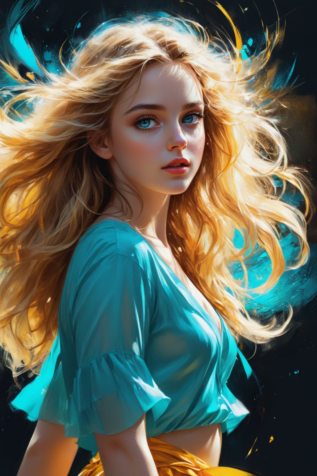 mj, RTX, 8k, HDR, best quality, cinematic story, (masterpiece), Andrey Atroshenko, Tanya Shatseva, Ross Tran, Anna Razumovskaya, art, realistic art, digital illustration, portrait, bright saturated colors, girl's turquoise eyes Big and lively, with long and dense eyelashes, the eyes seem to be able to speak and be lively, attracting the eyes of all viewers. And the beautiful long wavy hair, as golden as silk, flutters in the wind, showing extremely flamboyant beauty. Inappropriate. Stunning beauty.
Digital art, light and shadow art are also integrated into all of them. Vivid narrative realism, art by Carne Griffiths and Wadim Kashin