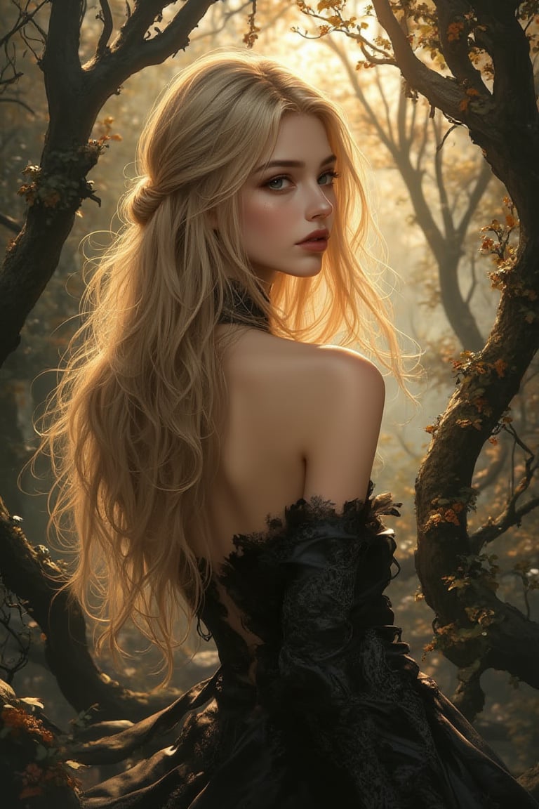 Lacquer painting style. An elegant blonde beauty, exuding confidence, highlights her silver and black outfit in an enchanted forest bathed in soft golden light. Her striking features, including long flowing hair like a moonlit stream, stand out against the backdrop of towering trees with twisted branches intertwining in a hypnotic dance. The painting captures every detail, from her outfit's intricate design to the forest's lush foliage.