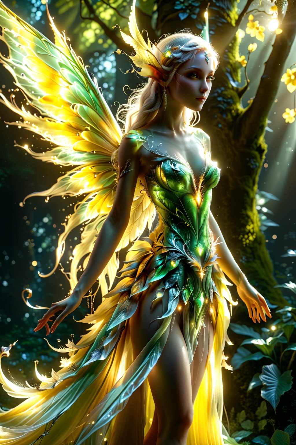 Awesome fairy/alien/elf hybrid, with fairy yellow tones dominating. light and shadow. whole body.
An extremely beautiful masterpiece, 8K