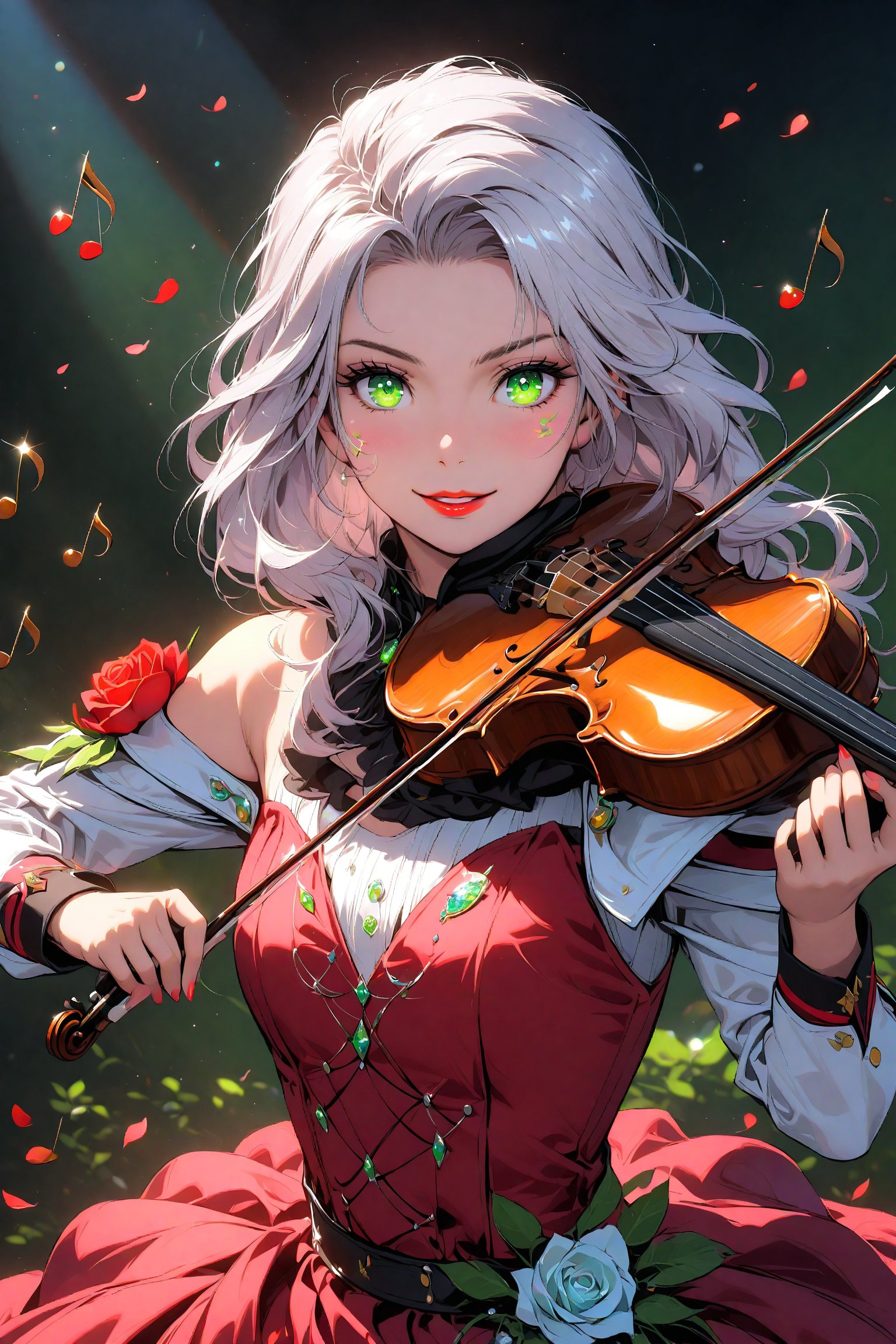 1girl, solo, beautiful violin. A beautiful and charming 19-year-old girl with long, shiny silver hair. Beautiful facial features, big and beautiful green pupils, long and dense eyelashes, which make the eyes appear bigger and brighter, and slightly raised red lips, seeming to be smiling. The girl is a world champion violinist (Fritz Kreisler), whose skill on the violin is unique. Playing: the beautiful Rose Marlene. When the girl uses the violin, the notes of the music sound realistically in the real world. Jumping. Each note dances like a human being, and the whole atmosphere is very joyful.