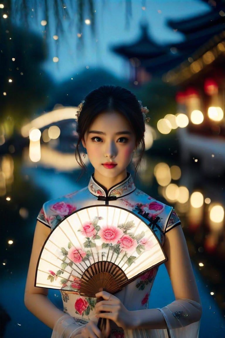 Professional photography: Alessio Albi, a Chinese girl who is more beautiful than a Korean female supermodel. The fan only covers her nose, revealing her beautiful big blue eyes, which are smart and lively, and her eyelashes are naturally long and dense. Peony pattern traditional cheongsam, exquisite Chinese round fan, silk fan surface, long bamboo fan handle body, very detailed details on the girl's face, holding round fan, long bamboo fan handle, Chinese calligraphy text written on the surface of the fan, among the stars In the night environment, nearby lights hint at the arrival of the festival. Highly detailed cinematic lighting, 8K resolution.
A superhuman masterpiece.
