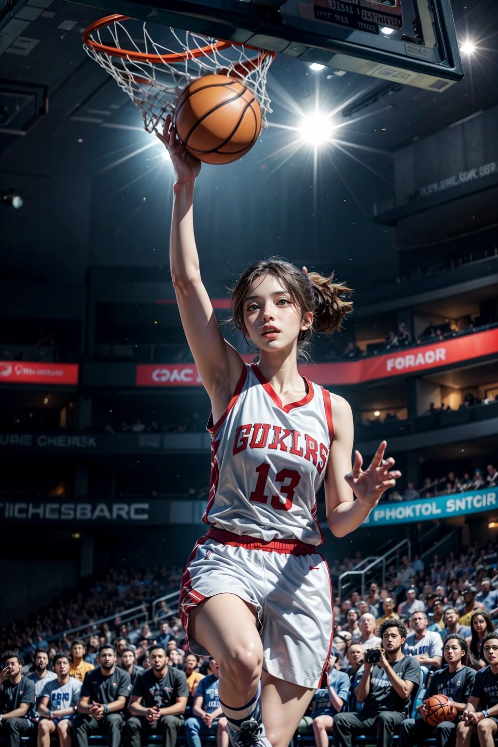 Masterpiece, high quality, HDR, detailed texture, RAW photo, 8K, girl close-up, exquisite facial features, perfect fingers, golden silky ponytail, basketball team uniform, shorts, sharp focus of supermodel beautiful girl, bright Lighting, blurred background, the right hand doing a basketball slam dunk is super professional like an NBA player's movements, the left hand is empty, the dynamic posture is very forceful.
Light and shadow, a sense of power. Background: Interior, audience, looking at the audience. Depth of field. There can only be one basketball in a basketball game.
