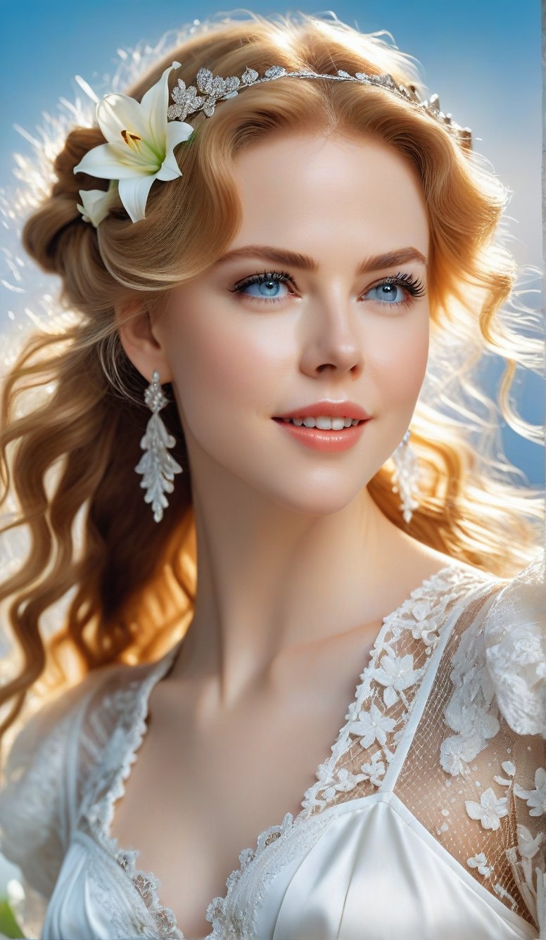 Close-up, young girl with light blue eyes, long thick eyelashes, she looks like 18-year-old Nicole Kidman, with messy hair, full body shot, wearing satin pants, standing, wearing beautiful white Dressed in mesh and lace, she danced to the music and looked very happy. There are also braids of lilies all over the sky, which are extremely beautiful. High quality. Modifiers: Alphonse Mucha, boris valejo dedecent illustration, Anne Boonchuy, art_booster, BlackworkStyleManityro, WOWAI, Expressiveh, Apoloniasxmasbox