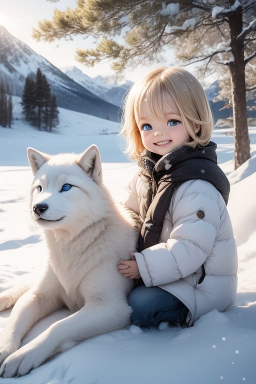 A little girl with blond hair and very fair skin. She is only 4 years old, but she grew up with a snow wolf with white fur and blue eyes. The snow wolf loves the little girl very much. He can put her to sleep and carry her on the grassland. The little girl always smiles happily. The little girl is extremely beautiful, with blue eyes, very lively, and long and thick eyelashes. To make her even more beautiful, she would often roll around on the grass with the snow wolf. The little girl wears all kinds of cute clothes. Outdoors, sunshine, mountains, trees, flowers, birds, butterflies. light and shadow. 