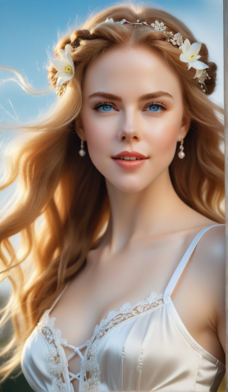 Close-up, young girl with light blue eyes, long thick eyelashes, she looks like 18-year-old Nicole Kidman, with messy hair, full body shot, wearing satin pants, standing, wearing beautiful white Dressed in mesh and lace, she danced to the music and looked very happy. There are also braids of lilies all over the sky, which are extremely beautiful. High quality. Modifiers: Alphonse Mucha, boris valejo dedecent illustration, Anne Boonchuy, art_booster, BlackworkStyleManityro, WOWAI, Expressiveh, Apoloniasxmasbox