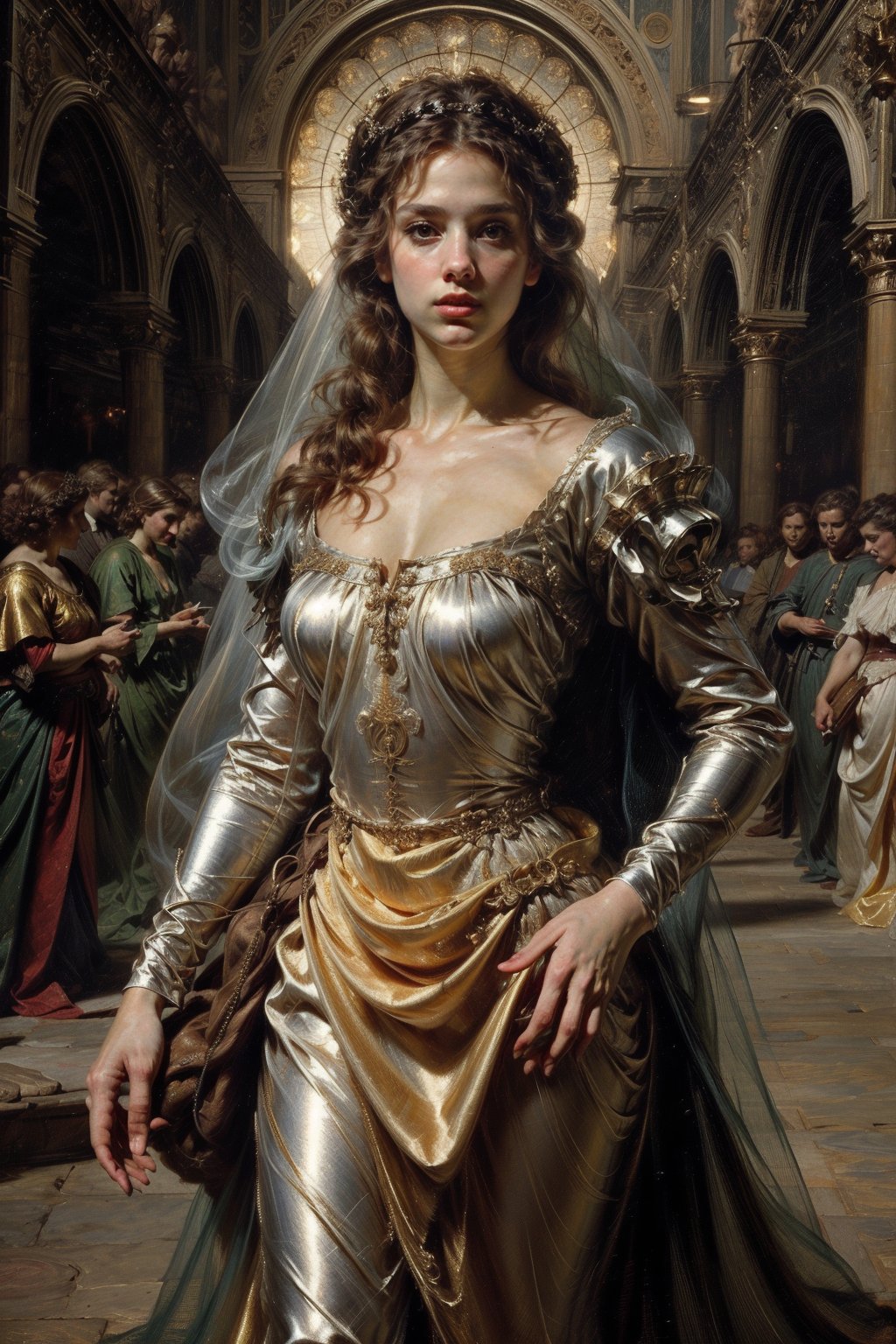 Perfect golden ratio facial features, beautiful and smart blue eyes, long and thick eyelashes, a beautiful girl looking at the camera affectionately, a perfect body ratio of 1:8, an athlete-like figure, medieval art, and medieval clothing. Wearing golden armor, she is French and carries a medieval sword. She is fighting for the people of France against the British invading army. Her beautiful short golden wavy natural curly hair is still visible under the helmet. Her perseverance and Fight for the people and their faith in God, even though the war is painful. But the enslaved people were innocent. Under the natural light, she is beautiful and majestic. Even the people in front of the camera were so attracted that they couldn't look away. Shocking and amazing. Clothes: Elements and objects appearing between 1413 and 1431 BC are consistent with this painting. Miracle. Bible Stories. Expressed with Da Vinci artistic design.
