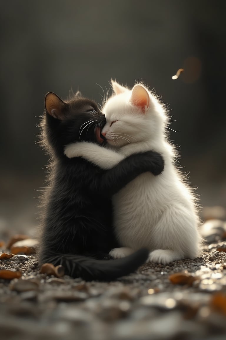 Funny animals, midway style, photorealism, cinematic style, high fidelity, realism, chiaroscuro, light play, light. A little black cat and a little white cat hug each other and play on the ground. Super love. 128K, ultra-high resolution. The photography is of the highest quality. Masterpiece.