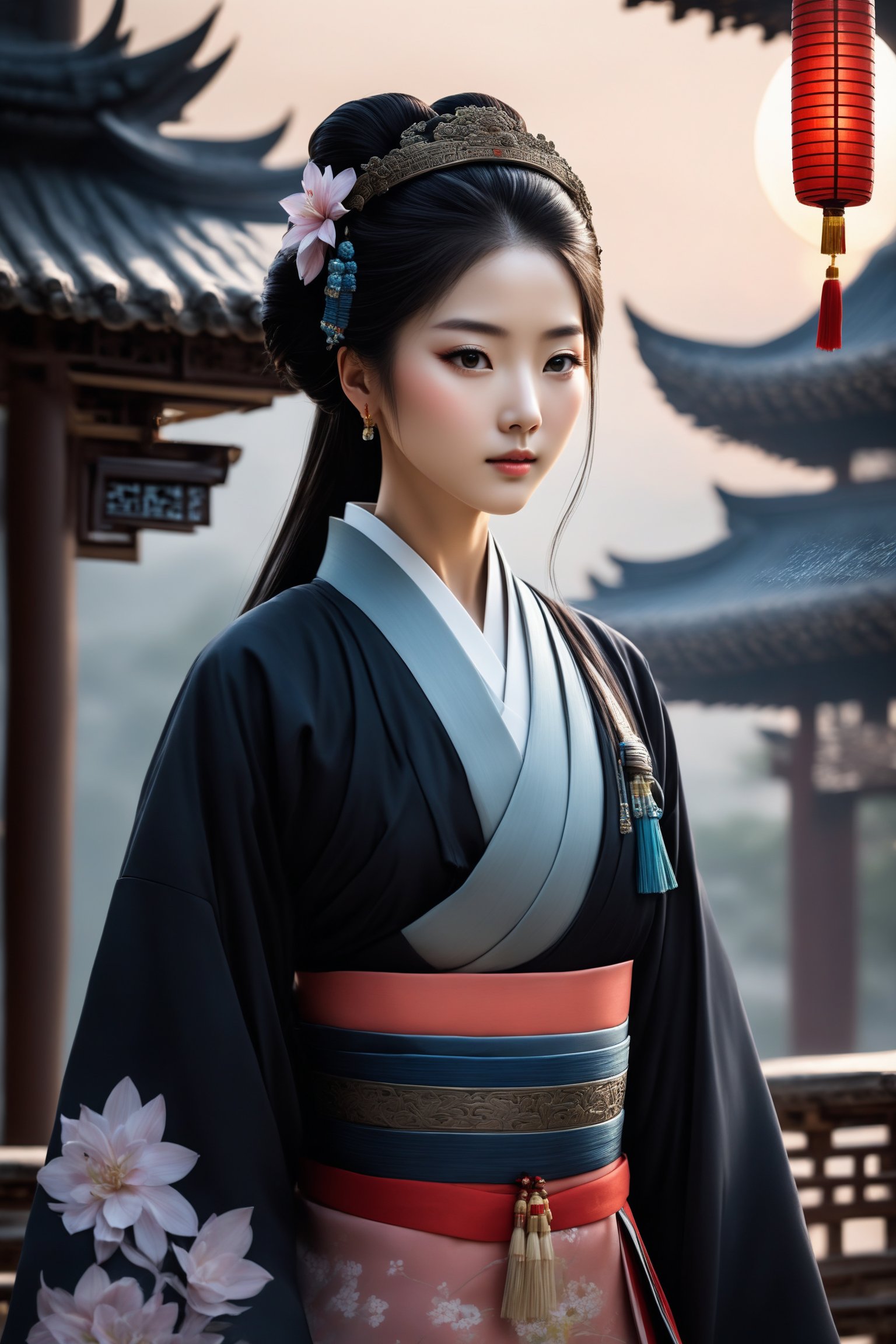 A woman with three-dimensional facial features that are more beautiful than modern Korean female supermodels. She has beautiful big black eyes and bright, long and dense eyelashes. She wears a Han Dynasty lily bun, exquisite and gorgeous hair accessories, and her whole body is very charming, but Because as a killer, her eyes have a very strong killing intent. In order to hide her identity, she sometimes wears various Hanfus worn by ancieA woman with three-dimensional facial features that are more beautiful than modern Korean female supermodels. She has beautiful big black eyes and bright, long and dense eyelashes. She wears a Han Dynasty lily bun, exquisite and gorgeous hair accessories, earrings, rings, and bracelets. , hairpin, and very attractive all over, but because she is a killer, her eyes have a very strong killing intent. Sometimes in order to hide her identity, she will wear various Hanfus worn by ancient Chinese women, and follow the wind. The shiny and delicate long black hair and clothes are fluttering in the wind. She is an ultimate masterpiece. Her body proportions are also very good, which was very rare in ancient times. The ratio of head to body is 1:8. Every time she looks at the audience, the audience will be deeply attracted by her. She is deeply attracted and beautiful, but you will also be shocked by her eyes. Her whole body is extremely detailed. She is both a beauty and a talented person. There will always be an exquisite and rare long sword on the belt around her waist (it is refined in ancient times and can break the sword and iron). She is very beautiful when she wears the beautiful ancient gorgeous and exquisite Hanfu.
Background: The vast starry sky, a bright moon, exquisite ancient buildings, ancient trees, and ancient gardens. There are many fireflies in the garden, which makes the garden more beautiful. light and shadow. Exquisitely detailed oil painting designs complement modern film effects and lighting