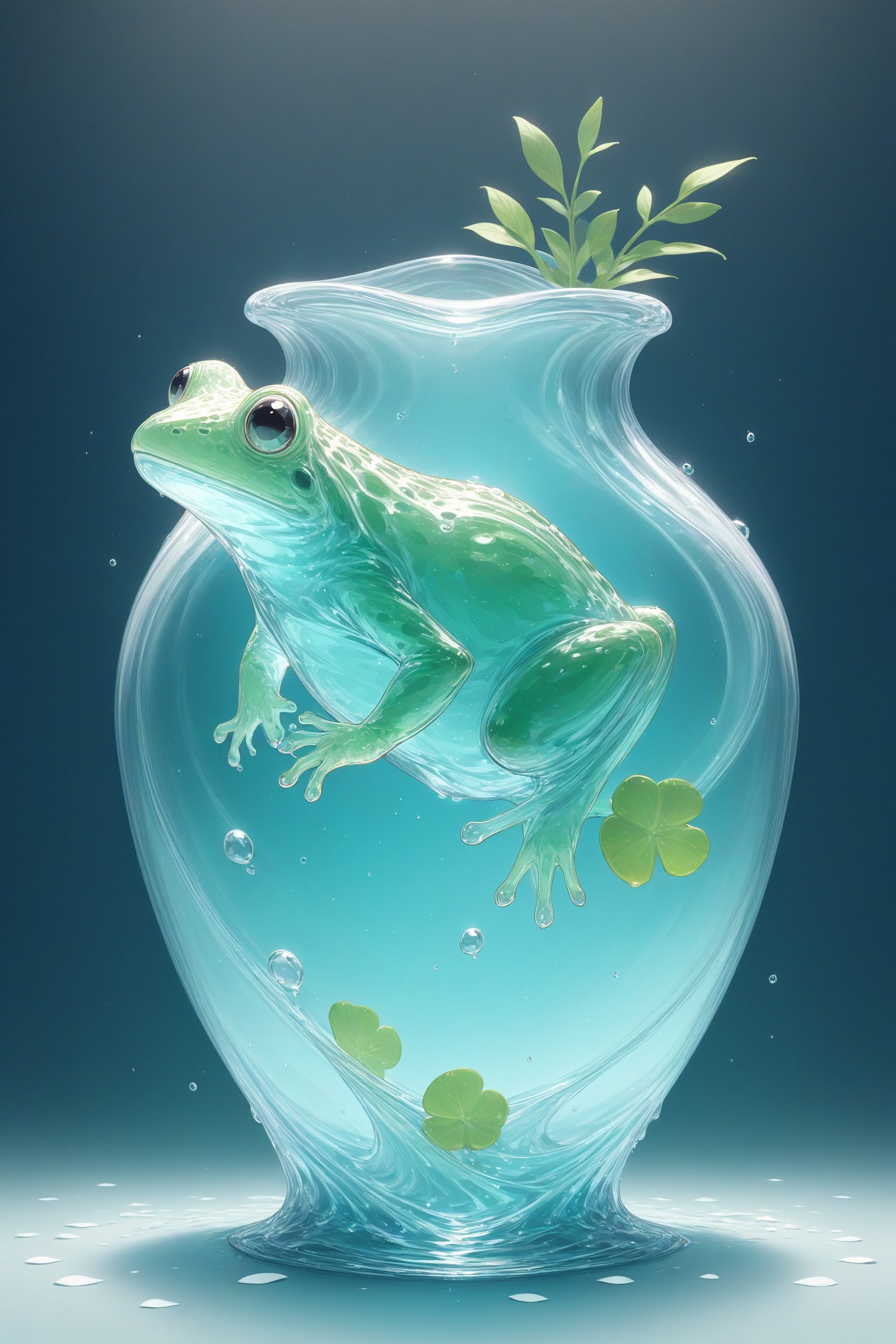 {Elegant crystal clear crystal glass frog with graceful curves, filled with marbled light green and white liquid (clear), forming a Cinderella shape. Frog and texture. Smooth object contours and undulating dynamic motion. Pastel petals float around the vase. }