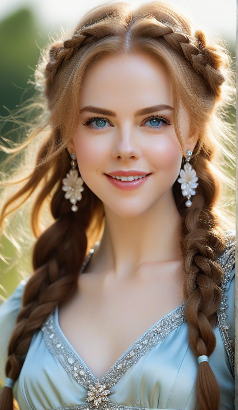 Close-up, young girl with light blue eyes, long thick eyelashes, she looks like 18-year-old Nicole Kidman with messy hair, full body shot, wearing satin pants, standing, beautiful in various colors Wearing beautiful little dresses and casual wear in popular styles, she danced to the music and looked happy. There are also braids of lilies all over the sky, which are extremely beautiful. High quality. Modifiers: Alphonse Mucha, boris valejo dedecent illustration, Anne Boonchuy, art_booster, BlackworkStyleManityro, WOWAI, Expressiveh, Apoloniasxmasbox