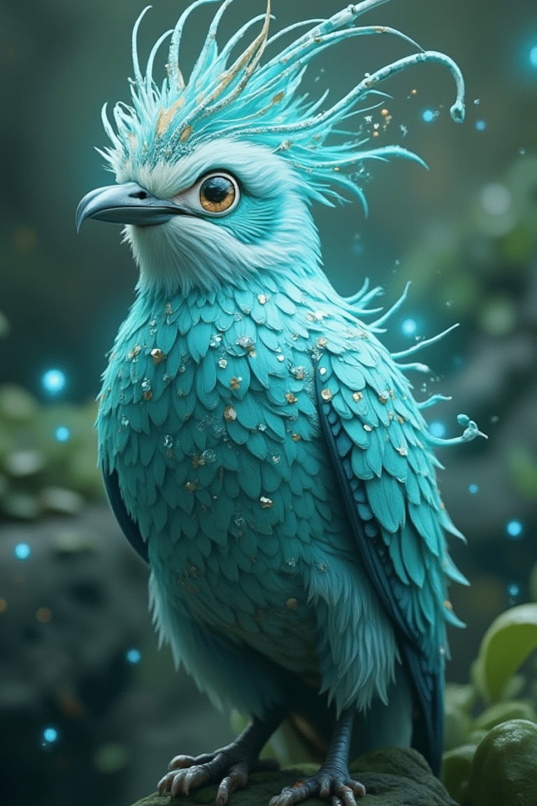 Turquoise Spirit bird digital art in the style of Jean-Baptiste Monge, featuring bright, beautiful splashes, glittery, cute and adorable elements, with edge lighting and magical, surreal, fantasy vibes. Inspired by WLOP, Artgerm, and James Jean, trending on ArtStation, with sharp focus, studio photography, intricate details, and highly detailed by Greg Rutkowski. Epic real background, uncropped, nature, full shot, symmetrical, featuring Greg Rutkowski, Charlie Bowater, Beeple, Unreal 5, hyper realistic, and dynamic lighting.