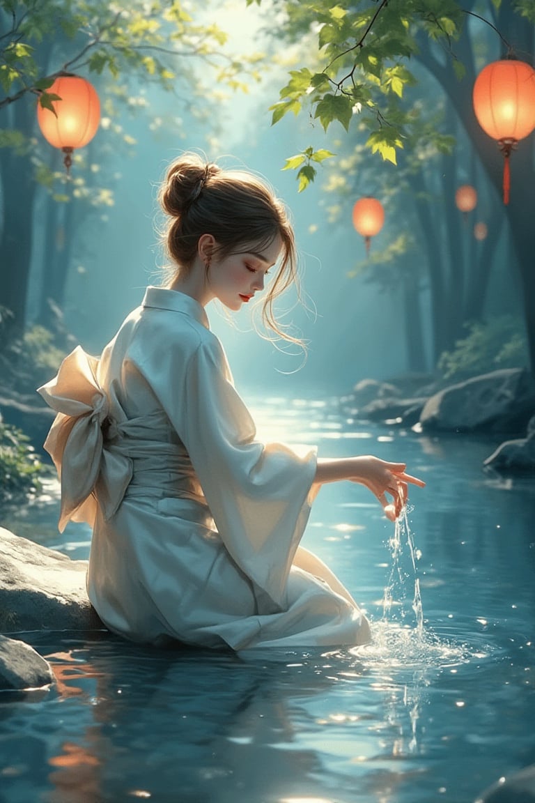 Medium shot of a young girl in a traditional kimono kneeling on the bank of a peaceful river. Her large, bright blue eyes and silky brown hair catch the soft sunlight, illuminating her pensive face as she gently releases Toro water into the flowing river. The composition is centered around her, with the river and vibrant lanterns radiating outward. Watercolor strokes in soft blue and green tones create a peaceful atmosphere. Warm lights and floating lanterns add a soft glow to the tranquil scene.