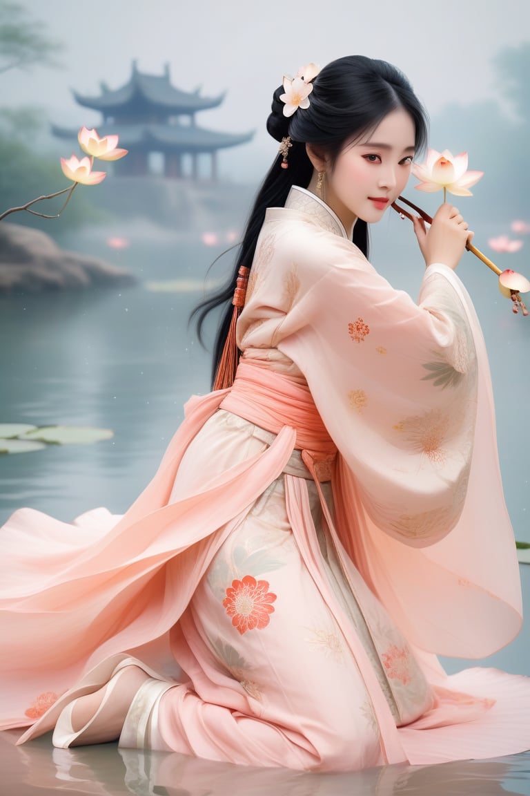 Close-up of a stunningly beautiful girl, Chinese Han Dynasty girl, with big eyes and long eyelashes that make her eyes more lively and beautiful, wearing Han Dynasty clothes and hairstyle, with stunning black hair and long She has thick eyelashes and holds a delicate bouquet of lotus flowers on her fingers. When she looked directly at the audience, she smiled. Her whole body exuded an otherworldly light, and every contour and object on her body seemed to be illuminated by light and sparkle. She couldn't help but dance a dance taught by her grandma at home in ancient times. It was very elegant and soft. After dancing, she took the paper umbrella and prepared to go back. In the quiet atmosphere of the summer night, the trees were tall and the river flowed quietly. Nocturnal creatures serenade them with their gentle chirps and croaks, and our protagonist acts like a lovely beacon. In Vadimka's new style, every detail has been carefully crafted to create a realistic style that exudes elegance and wonder. (Masterpiece 1.2, 8K) Depth of field.,source_furry,score_5_up,score_6_up,score_7_up,score_8_up,score_9,han fu