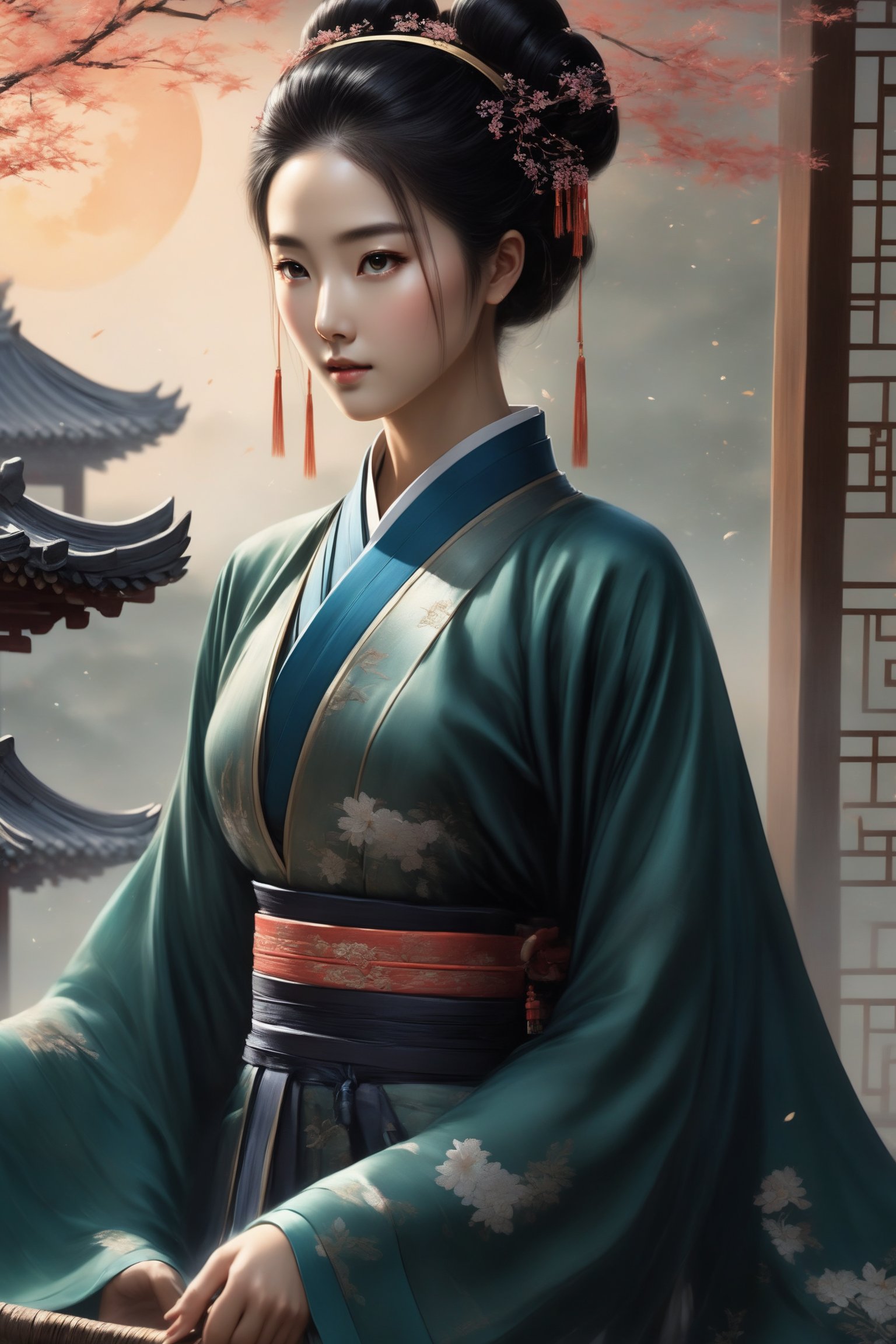 A woman with three-dimensional facial features that are more beautiful than modern Korean female supermodels. She has beautiful big black eyes and bright, long and dense eyelashes. She wears a Han Dynasty lily bun, exquisite and gorgeous hair accessories, and her whole body is very charming, but Because as a killer, her eyes have a very strong killing intent. In order to hide her identity, she sometimes wears various Hanfus worn by ancient Chinese women. Sui Feng's long, shiny black hair and clothes can be seen casually. The wind is blowing, the ultimate masterpiece. Her body proportions are also very good, which was very rare in ancient times. The ratio of head to body is 1:8. Every time she looks at the audience, the audience will be deeply attracted by her. She is very beautiful, but will also be fascinated by her. Her eyes were astonishing, her whole body was extremely detailed, she was both beautiful and possessed of unique skills. There will always be an exquisite and rare long sword on the belt around her waist (it is refined in ancient times and can break the sword and iron). She is very beautiful when she wears the beautiful ancient gorgeous and exquisite Hanfu.
Background: The vast starry sky, a bright moon, exquisite ancient buildings, ancient trees, and ancient gardens. There are many fireflies in the garden, which makes the garden more beautiful. light and shadow. Exquisitely detailed oil painting designs complement modern film effects and lighting.
