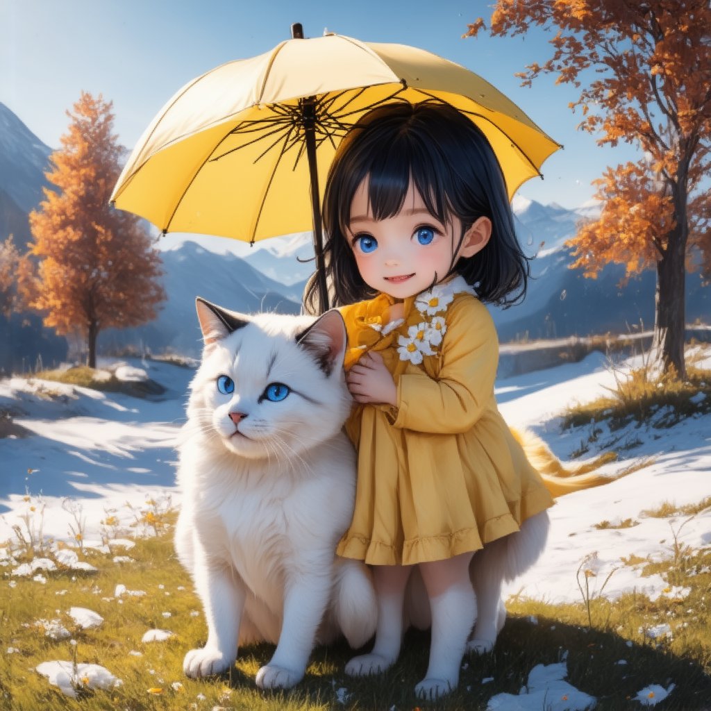 A photorealistic, ultra-realistic image of a black-haired, large-eyed little girl holding a yellow umbrella, standing next to a cat. The scene is set in an autumnal setting with a gentle breeze, featuring pop surrealism elements. The girl wears fashionable yellow clothes adorned with flowers, resembling a cute porcelain doll. The cat is equally detailed, with a fine, cute face. The composition is sharp-focused, capturing every detail with hyperrealism, trending on cgsociety. The style is raw, inspired by Lori Earley and Anton Semenov, rendered in 16k resolution with Unreal Engine for a stunning, lifelike effect.