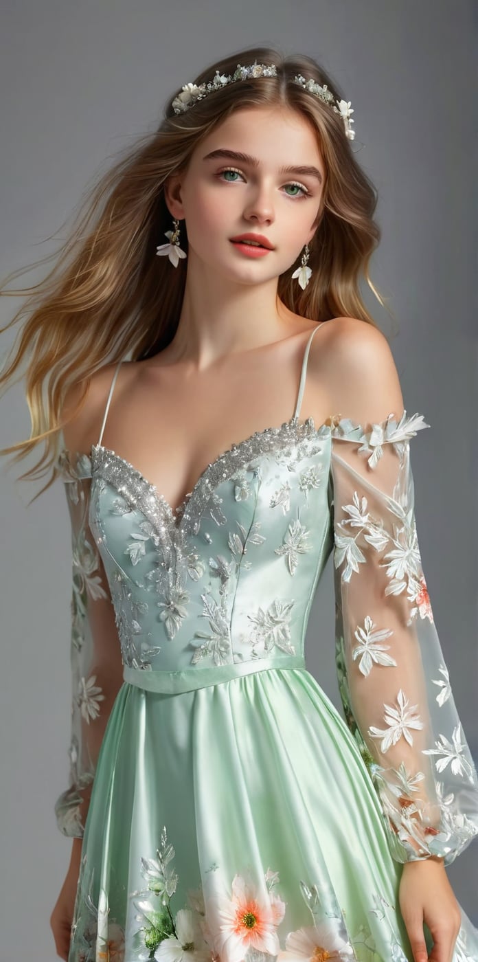 Masterpiece, HD, 8K, charming minimalist illustration of an 18-year-old girl. ((drawn from head to thigh)), low angle, delicate brushstrokes, long wavy hair, air-high bangs, floral hair accessories, big and bright green eyes, thin eyebrows, plump cheeks and lips, white skin and elegant dress The silk shiny dress seems to have stepped out of a fashion magazine. The picture emphasizes delicate colors. The girl shows various postures of a professional model. The background is a pure gray gradient space. The energetic and lively expression reflects the magical existence of the girl. feel. Fractal art, glitter