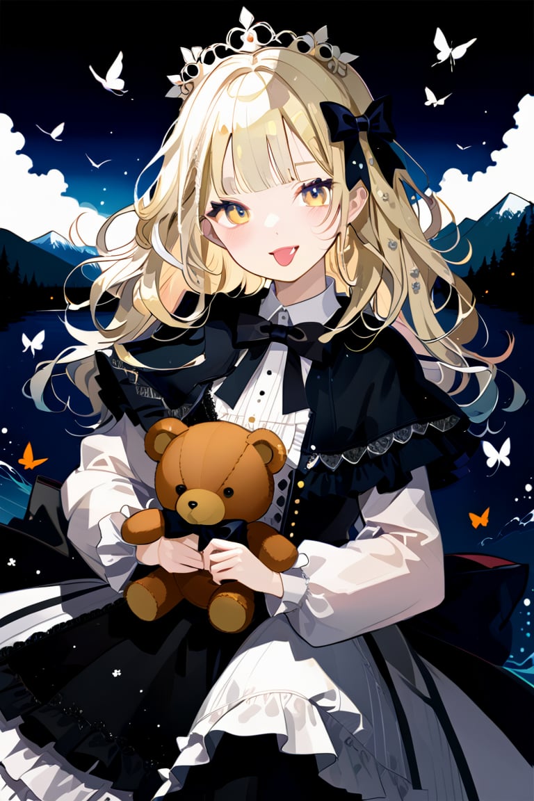 1girl, solo, long curly blond hair with silver highlights, looking at the audience, blushing face, air bangs, , hair accessory, big golden eyes, long eyelashes, long sleeves, dress, bow, holding, tongue out smile, bow hair, ruffle, bow tie, luxury lace princess dress, fur trim, black bow, capelet, watermark, stuffed toy, lace dress, stuffed animal, crown, box, gift, lolita fashion, teddy bear, orange bow, Mini crown, holding stuffed toy, toned, background: mountains, trees, water, flowers, butterflies, dragonflies, birds. light and shadow. Anime style.