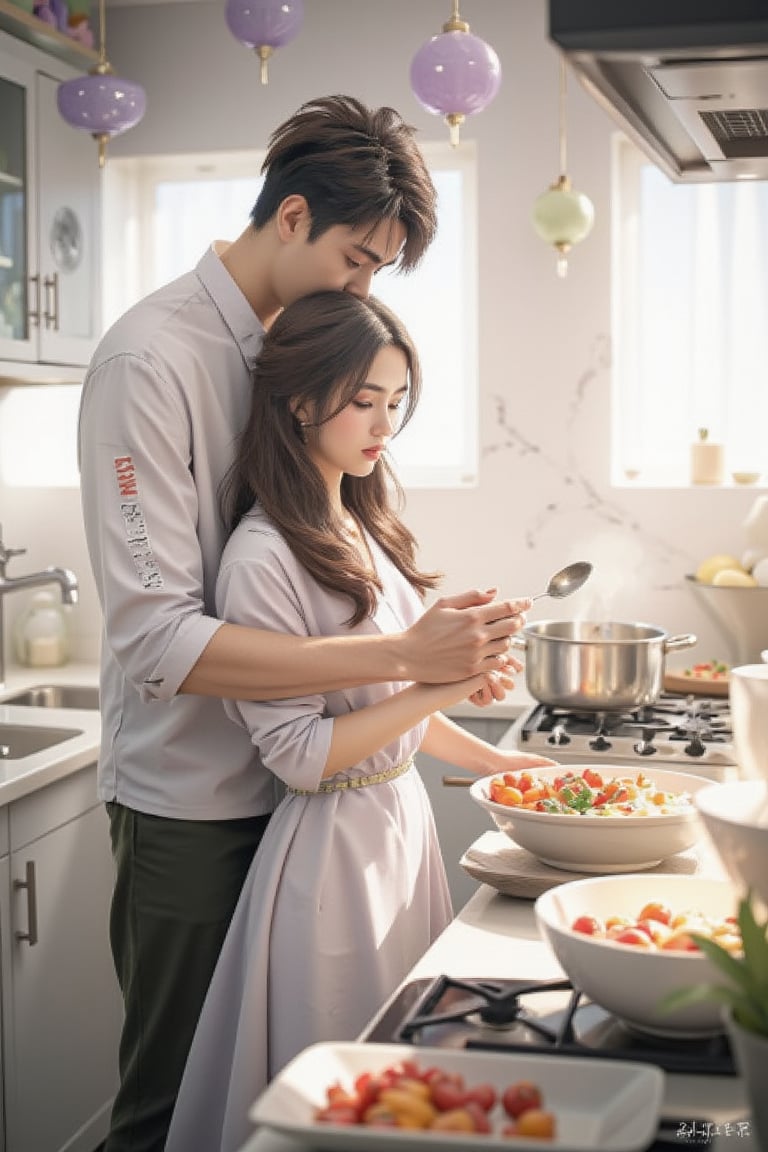 Close-up of a digital painting depicting a man in a black shirt and a beautiful woman in a purple jumpsuit standing in a kitchen. The man was wearing a black button-up shirt and dark green pants, with NIKE embroidery on the left side of the shirt. The woman wears a long-sleeved purple robe and holds a spoon in her right hand, while the man holds an apple in his left hand. The woman's arms rest in front of a silver pot on the stove. The stove is against a white countertop, with bowls of vegetables placed on it. There is a sink with a silver faucet to the left of the stove, and a white cabinet with silver handles. Above the counter, three purple plates hang from the ceiling. Realism. light and shadow. The lighting is soft. masterpiece