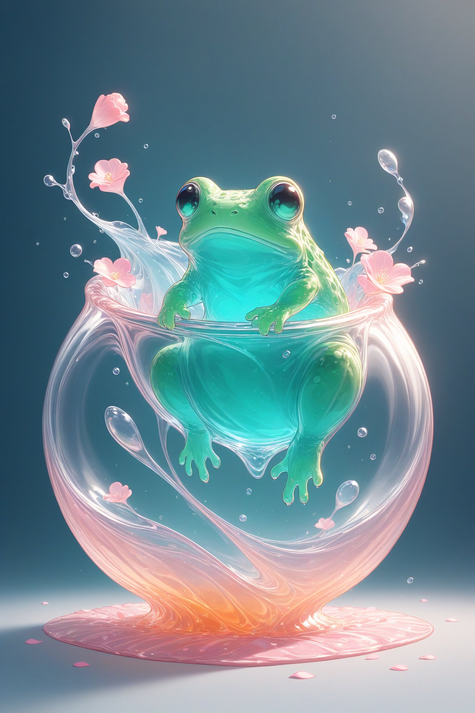 {Elegant crystal clear crystal glass frog with graceful curves and full of marbled light green and pink and orange and white liquids (clear) forming a Cinderella shape. Frog and texture. Smooth object contours and undulating dynamic motion. Pastel petals float around the vase. }