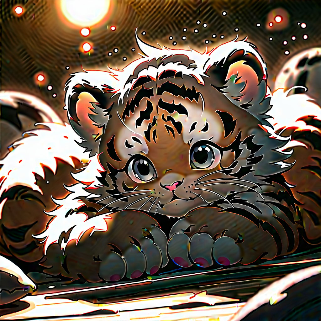 A charming image of a young, adorable tiger cub yawning widely, appearing sleepy and ready for a nap, nestled in a cozy bed prepared by its owner. Beside it, a cute black and white kitten cuddles close, both animals exuding pink love bubbles. The scene is illuminated with soft, warm lighting, highlighting the intricate textures and glossy fur of the animals. The composition is framed to capture the intimate bond between the two, creating a heartwarming masterpiece.