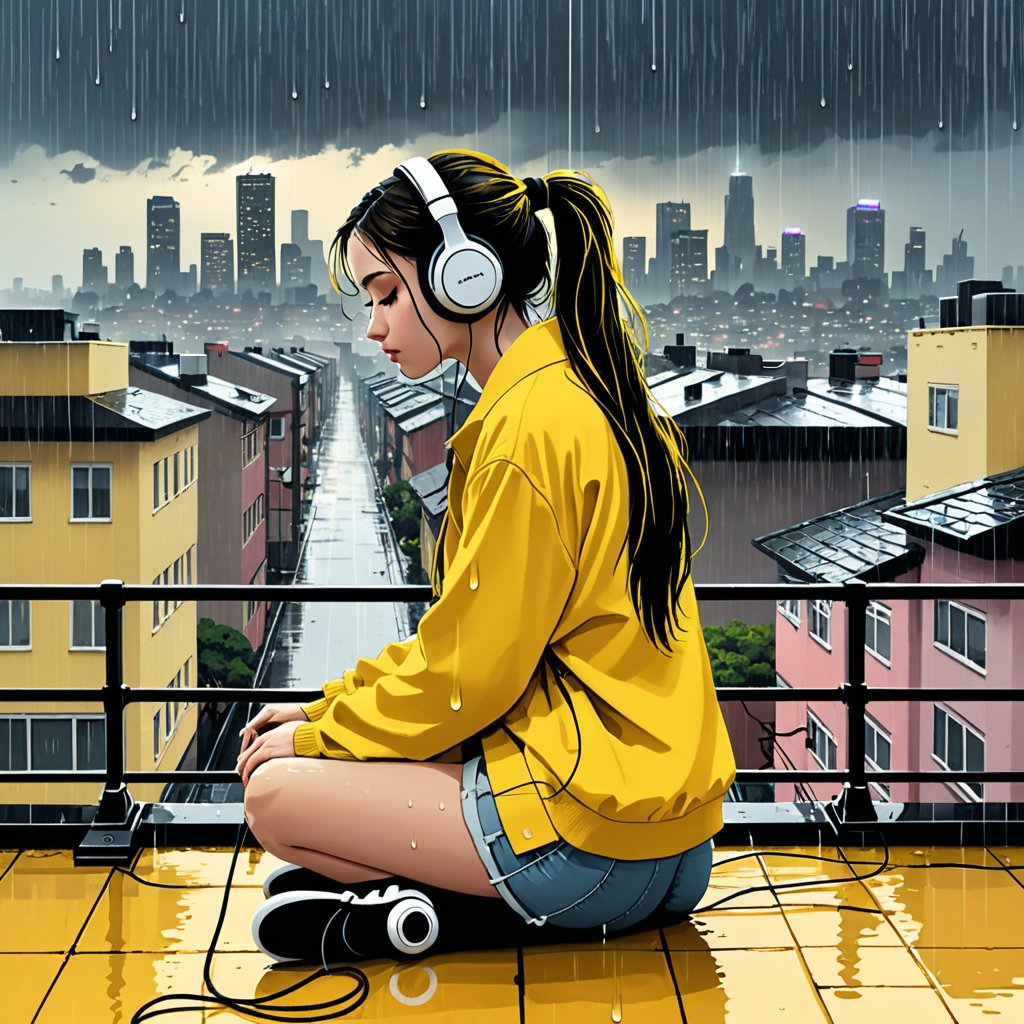 A melancholy young woman with a long ponytail sits alone on a roof soaked by heavy rain, immersed in the soothing melody coming from her headphones. Yellow and black tones dominate the scene, evoking a Lofi atmosphere. In the distance, the cityscape is filled with urban life, which contrasts sharply with her peaceful reverie. The sound of raindrops hitting the pavement creates a peaceful accompaniment as she gently sways to the beat.