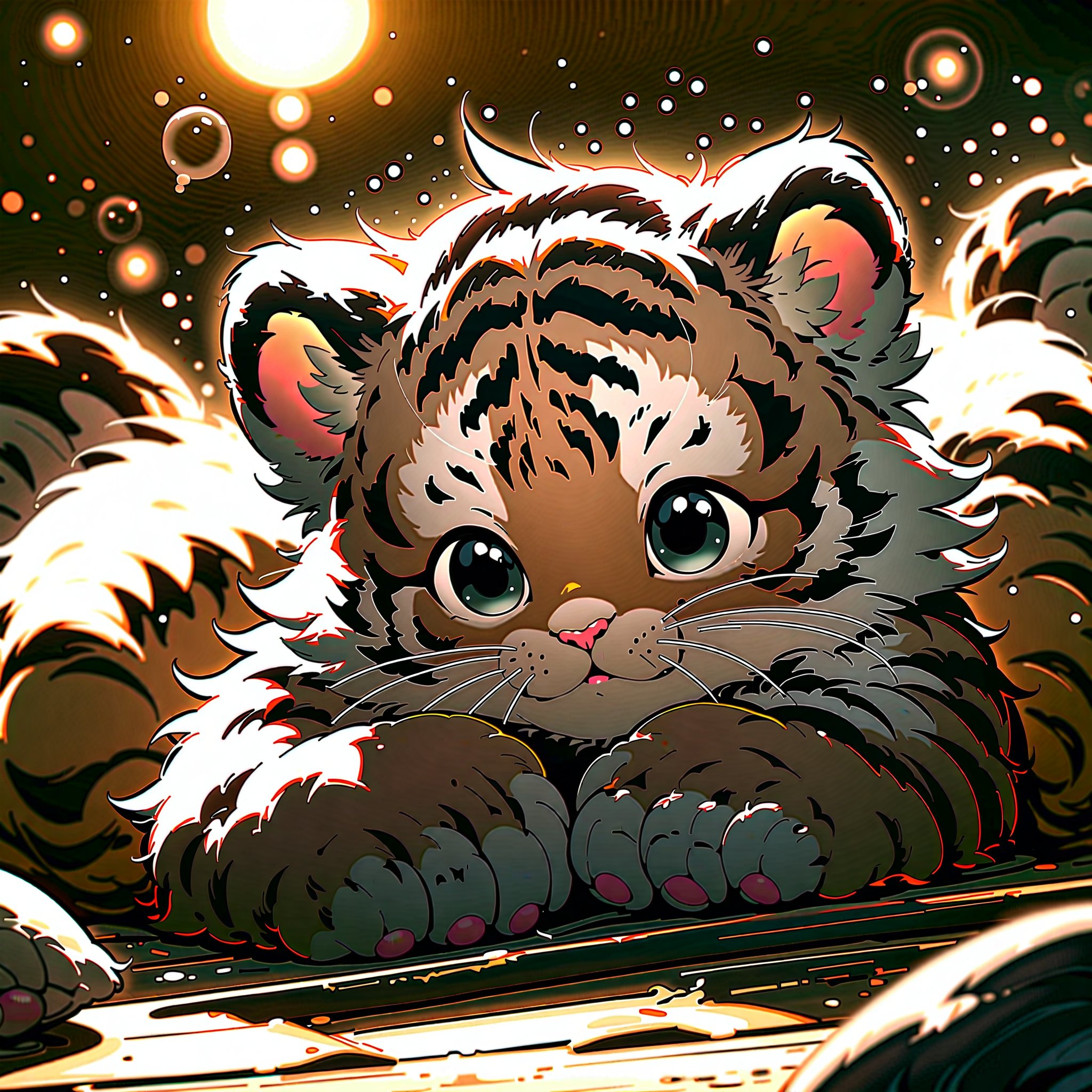 A charming image of a young, adorable tiger cub yawning widely, appearing sleepy and ready for a nap, nestled in a cozy bed prepared by its owner. Beside it, a cute black and white kitten cuddles close, both animals exuding pink love bubbles. The scene is illuminated with soft, warm lighting, highlighting the intricate textures and glossy fur of the animals. The composition is framed to capture the intimate bond between the two, creating a heartwarming masterpiece.