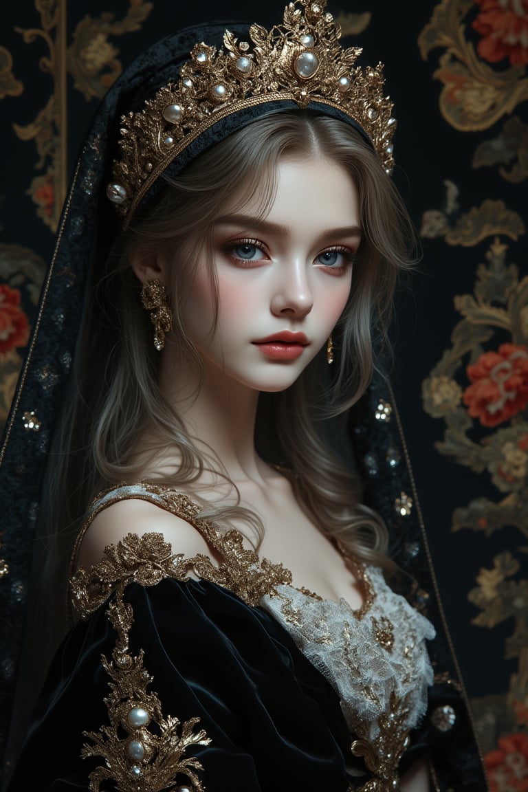 Elegant and stunningly beautiful Byzantine girl, wearing a Byzantine headdress, Byzantine makeup, and a charming black velvet base with intricate gold embroidery and pearl decoration. Exquisite lace trim, pale skin, dark lips, and a black and white dress with ruffled puff sleeves. Charming background with Russian folk art patterns. Studio lighting, high-definition fashion photography style, by FluxGothicRealnime, adrr-zllj, lyh, goth girls, ohwx style.