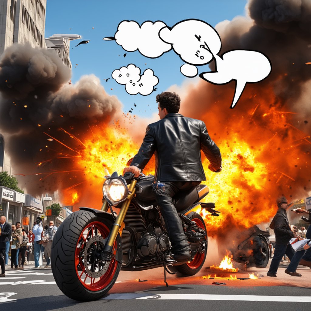 A hyper-realistic 3D rendered scene in ultra-high definition, featuring a strikingly handsome man in a leather jacket, astride a powerful motorcycle amidst a bustling urban street. The background is simple yet detailed, with a variety of vehicles and pedestrians filling the scene. Suddenly, a massive explosion rocks a nearby science and astronomy museum, with vivid flames, thick black smoke, and billowing white clouds. The sound of the explosion is intense, accompanied by a chorus of shocked exclamations. Comic-style speech bubbles, shaped like explosions, appear around the scene, adding to the chaos. The man on the motorcycle, along with others, reacts quickly, some rushing to help while others dial emergency services. The RTX technology enhances the lighting and shadows, creating a dramatic and lifelike atmosphere. The composition captures the urgency and scale of the disaster with exceptional clarity and detail.