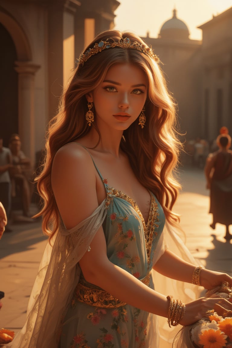 Stunning 8K CG masterpiece captures the essence of the bustling streets of ancient Rome. In the sun, in the light and shadow, a very beautiful woman with fair skin, long flowing hair as soft as silk, wears exquisite, luxurious, and precious clothing, posing in an authentic street stall. Her delicate face, smart eyes, long thick eyelashes, and delicate nose are all displayed in detail. Her earrings, bracelets, gold bracelets, and rings seem to have come out of an art museum. Natural light gives her a beautiful glow, making her look even more beautiful. A delicate hand holds the vendor's goods, and her eyes seem to contain the secrets of this ancient city. Shadows dance precisely across the scene, adding depth and dimension to this ultra-detailed, realistic illustration.