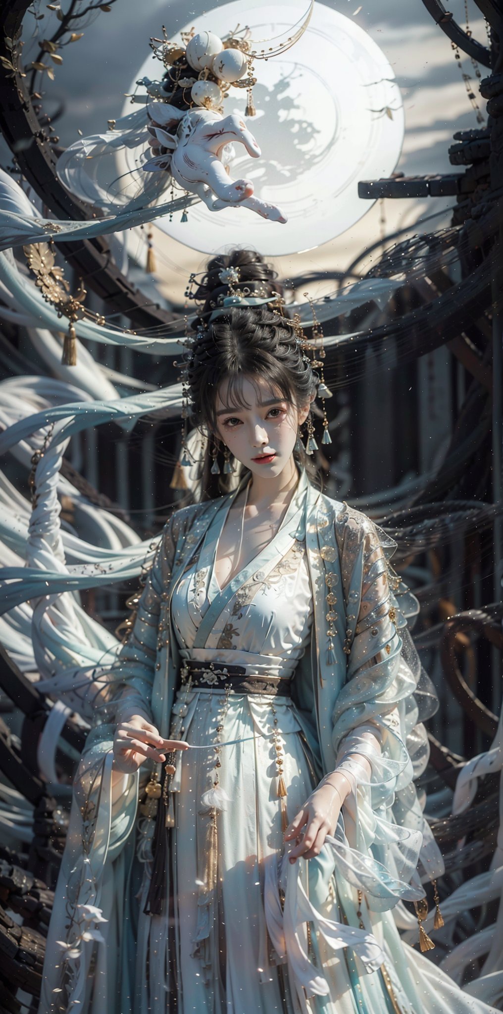 Under the ancient tree of the Han Dynasty, stood a beautiful woman with long black hair wearing Han costumes and a lily bun. Holding a pipa, a musical instrument from the Han Dynasty, she looked up at the crescent moon in the night sky with a smile, creating a mysterious atmosphere. The scene features contrasting lighting that highlights her stunning features and the peaceful expression on her face as she contemplates joy. The composition allows her to pose in cute and funny poses of joy, anger, sadness, and joy. The moon, ancient trees, ancient houses, ancient wells, ancient gardens, and ancient swings become the dramatic background. light and shadow. Ink design.,playing instrument, playing guzheng, hanfu,myhanfu