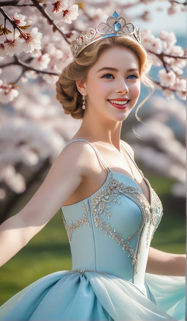 Close-up, young girl with light blue eyes and long thick eyelashes, she looks like 20-year-old Grace Patricia Kelly, wearing a crown, full body shot, wearing a gorgeous princess dress, standing, she dances elegantly Dance steps, she danced to the music, immersed in the charming music, she smiled happily. There are also cherry blossom braids all over the sky, which are extremely beautiful. High quality. Modifiers: Alphonse Mucha, boris valejo dedecent illustration, Anne Boonchuy, art_booster, BlackworkStyleManityro, WOWAI, Expressiveh, Apoloniasxmasbox