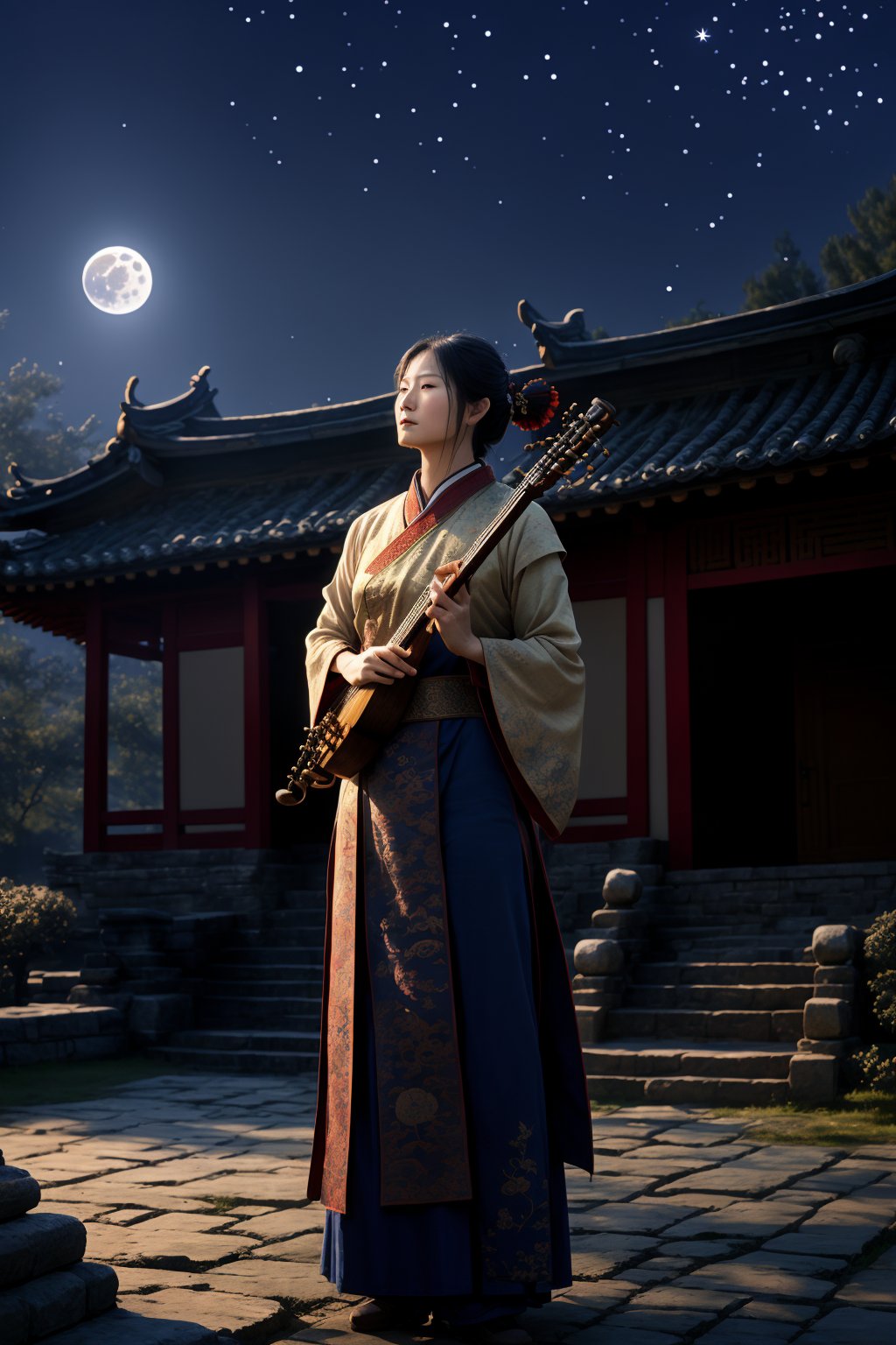 A beautiful ancient Chinese woman stands in front of an ancient Han dynasty house, holding an ancient musical instrument. She gazes upward at a sky filled with stars, lost in thought. Her beautiful face is softly illuminated by moonlight, enhancing her serene expression. The scene is framed with a focus on her contemplative pose and the ancient setting, under a clear night sky with a gentle, ambient light.